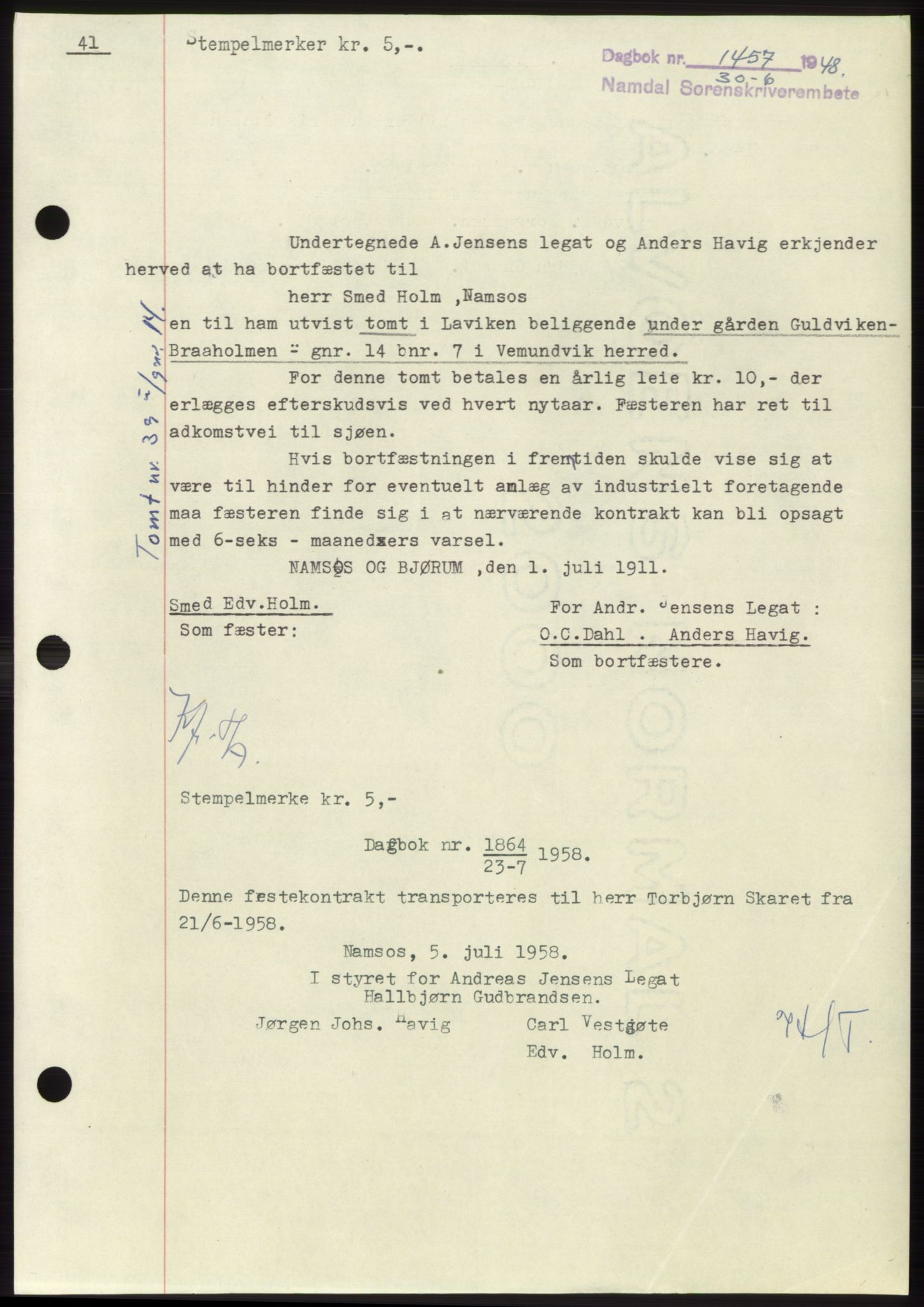 Namdal sorenskriveri, SAT/A-4133/1/2/2C: Pantebok nr. -, 1948-1948, Dagboknr: 1457/1948