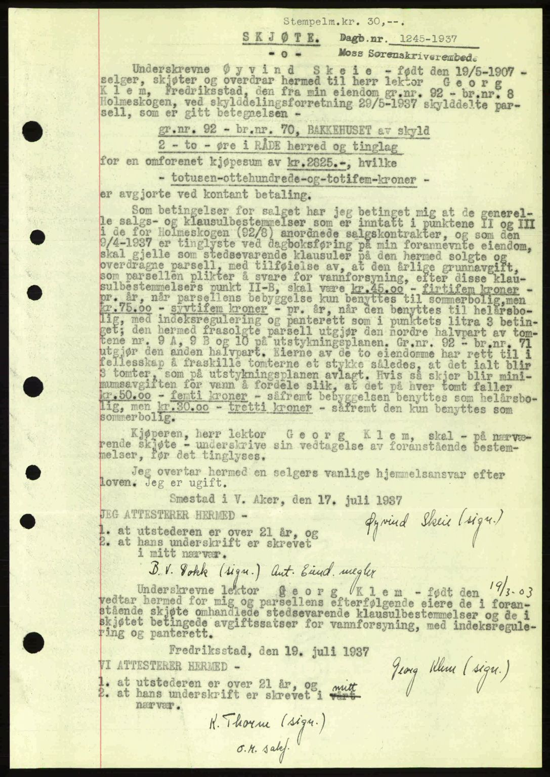Moss sorenskriveri, SAO/A-10168: Pantebok nr. A3, 1937-1938, Dagboknr: 1245/1937