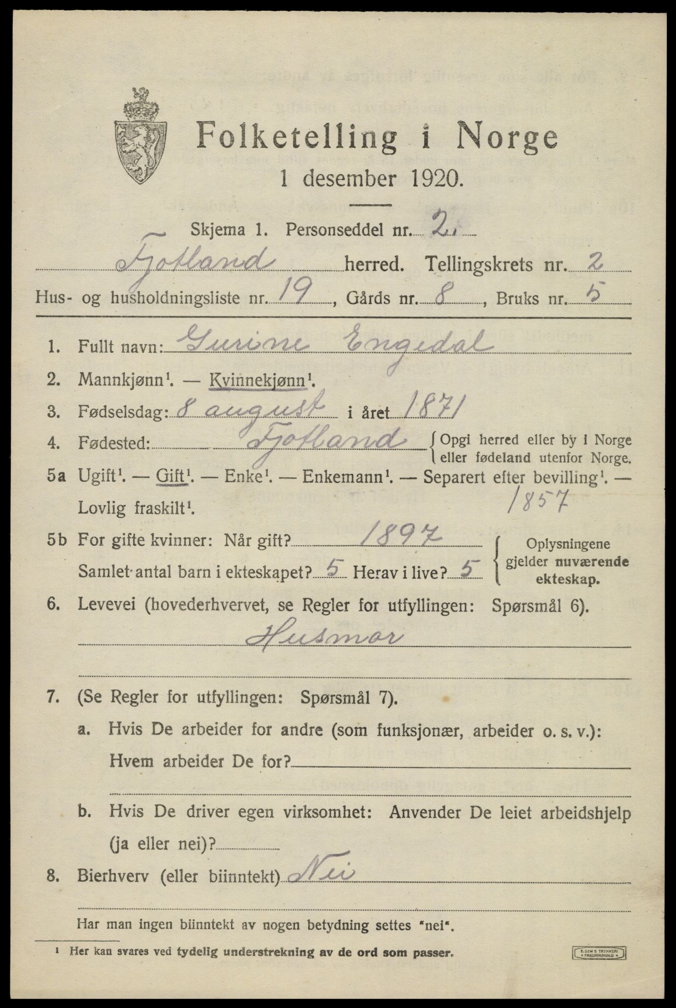 SAK, Folketelling 1920 for 1036 Fjotland herred, 1920, s. 878