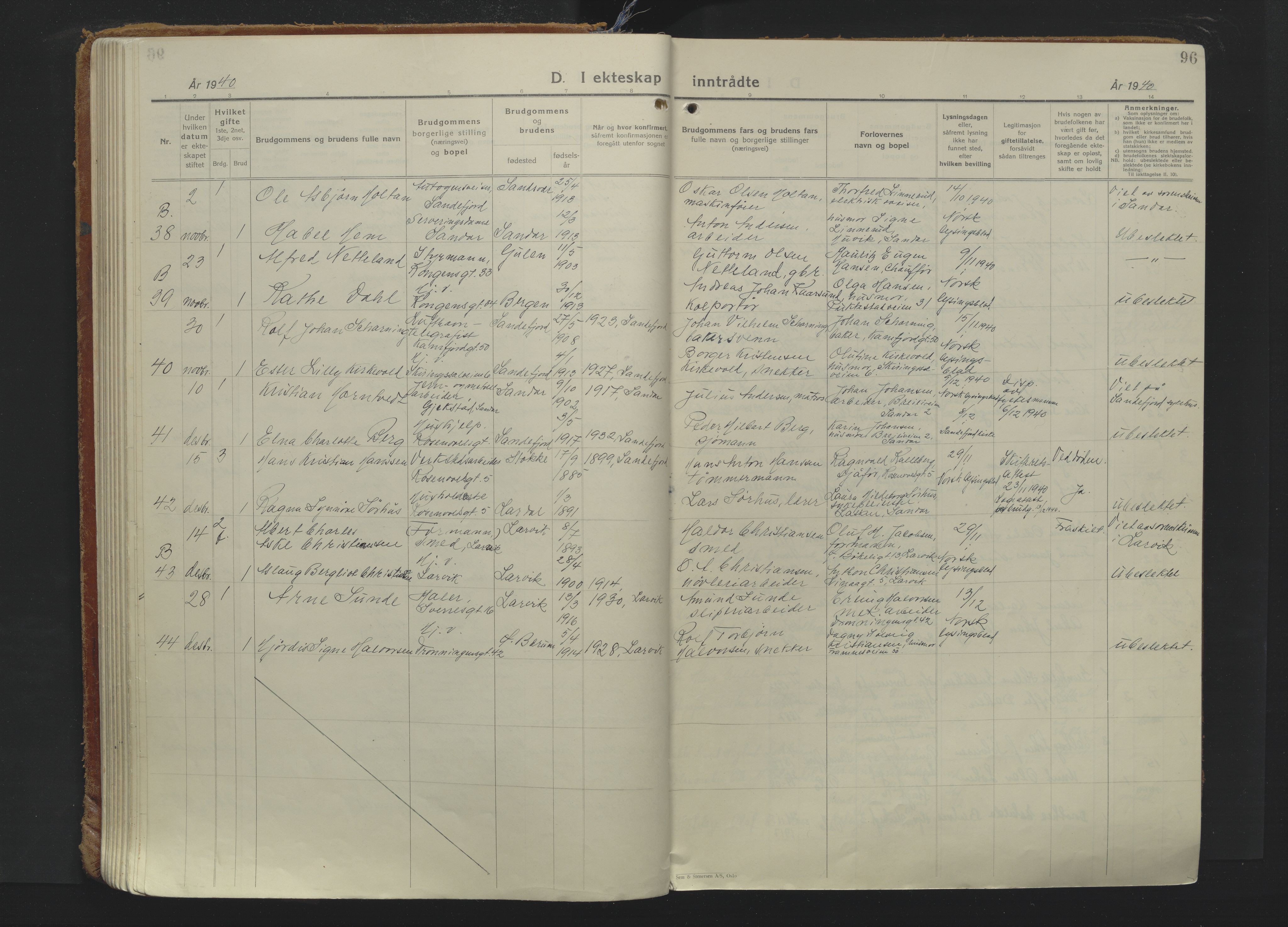 Sandefjord kirkebøker, AV/SAKO-A-315/F/Fa/L0009: Ministerialbok nr. 9, 1926-1945, s. 96