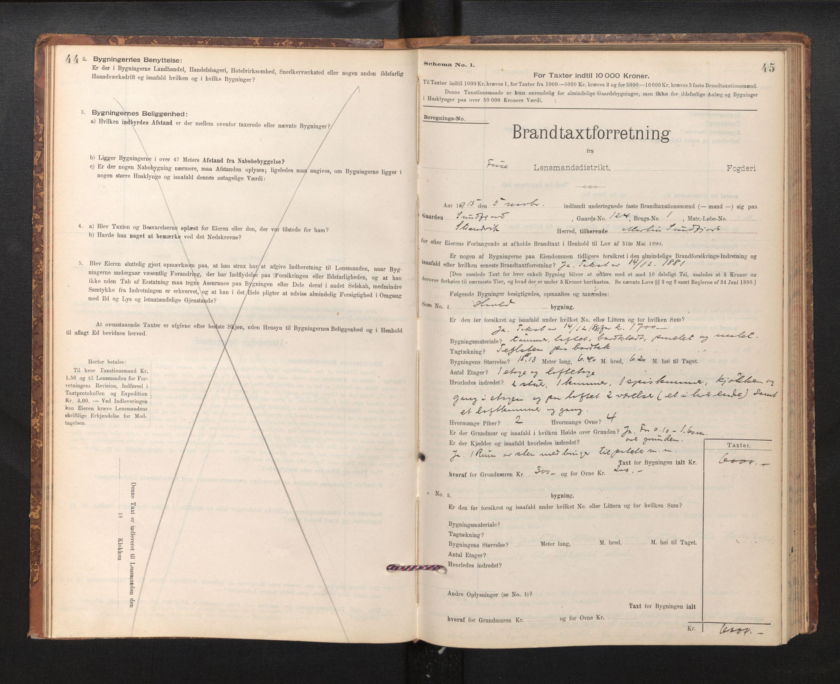 Lensmannen i Fusa, AV/SAB-A-32401/1/0012/L0003: Branntakstprotokoll, skjematakst, 1895-1950, s. 44-45