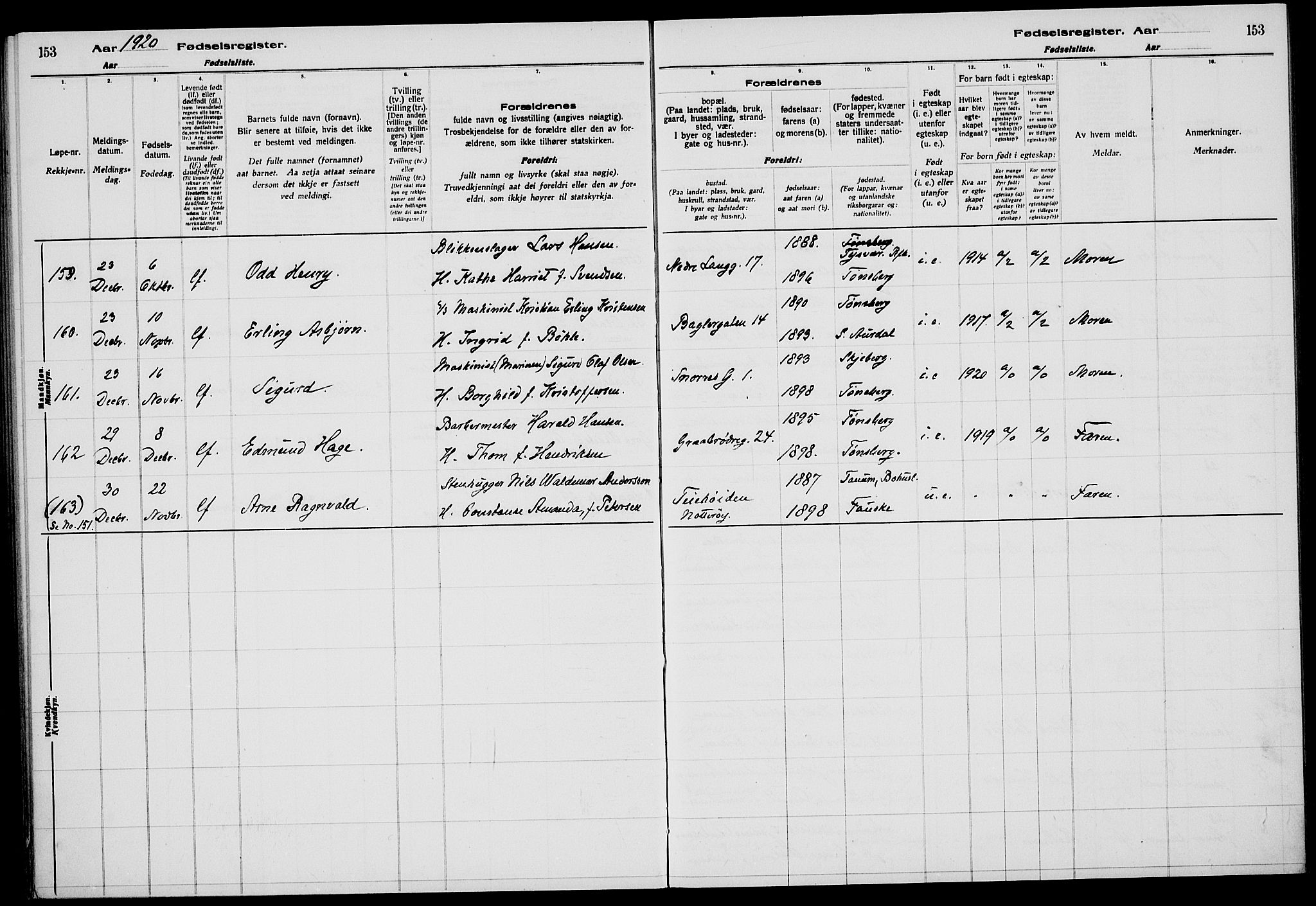 Tønsberg kirkebøker, SAKO/A-330/J/Ja/L0001: Fødselsregister nr. 1, 1916-1922, s. 153