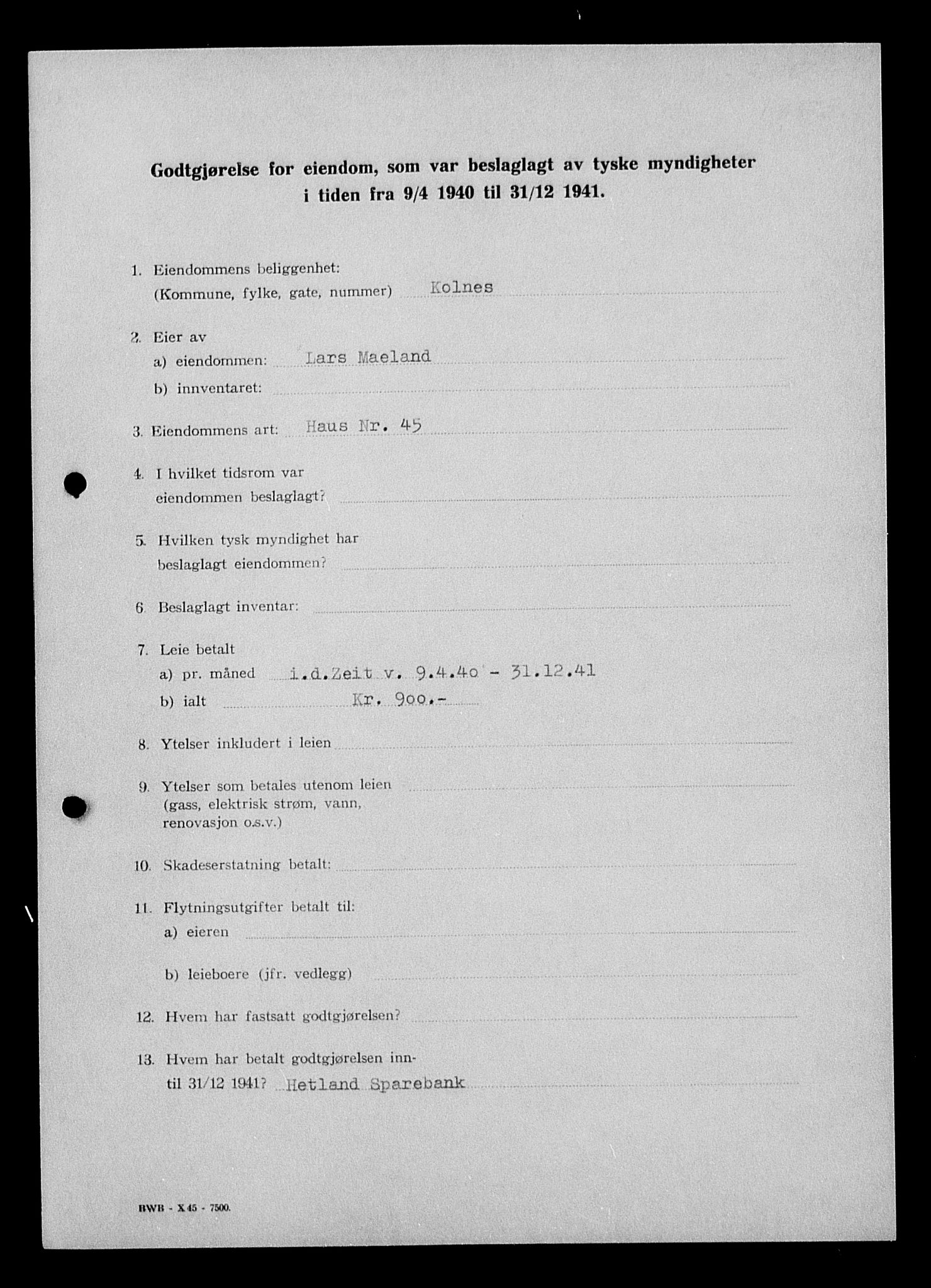 Justisdepartementet, Tilbakeføringskontoret for inndratte formuer, AV/RA-S-1564/I/L1014: Godtgjørelse for beslaglagt eiendom, 1940-1941, s. 536
