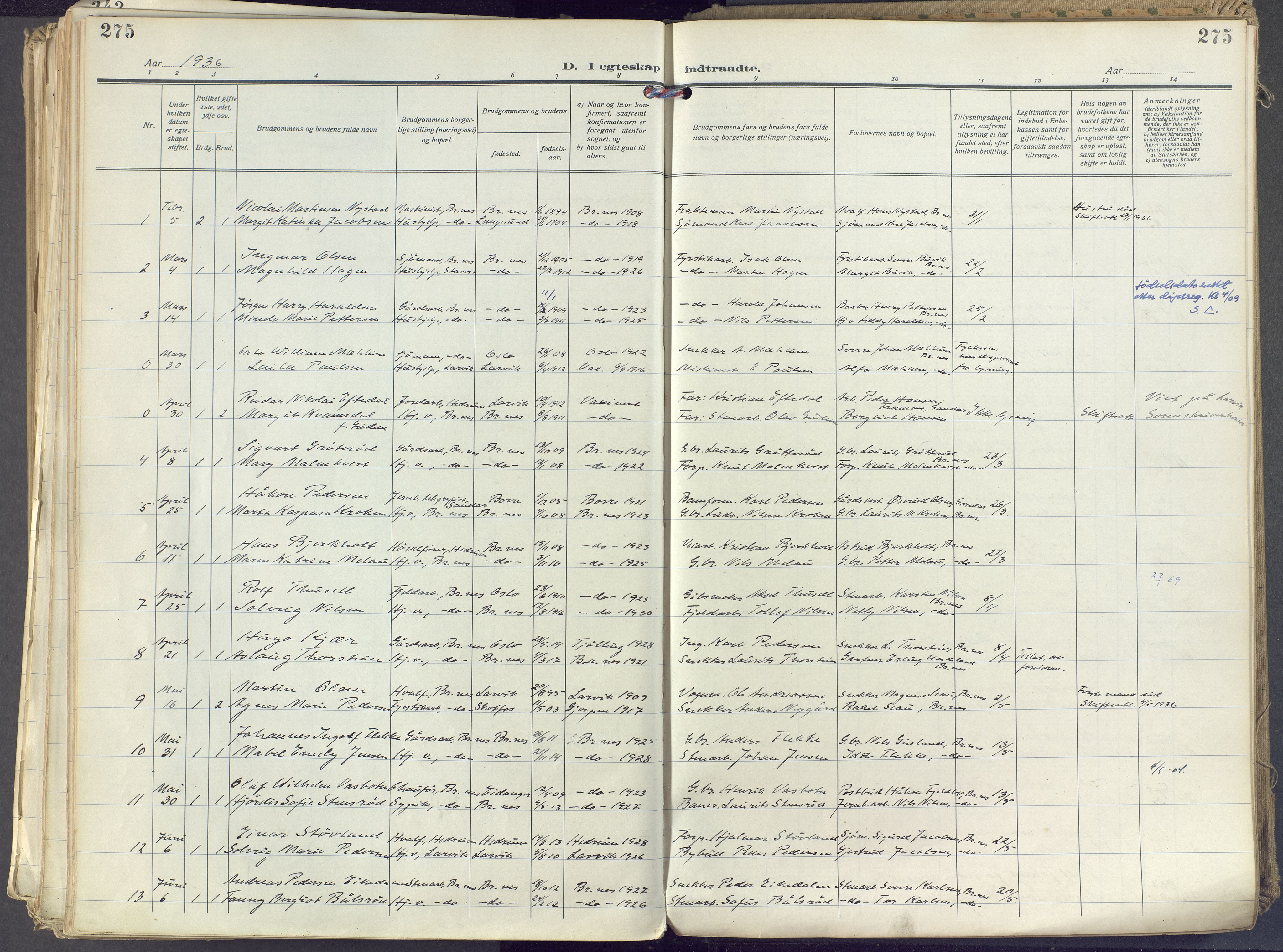 Brunlanes kirkebøker, SAKO/A-342/F/Fc/L0004: Ministerialbok nr. III 4, 1923-1943, s. 275