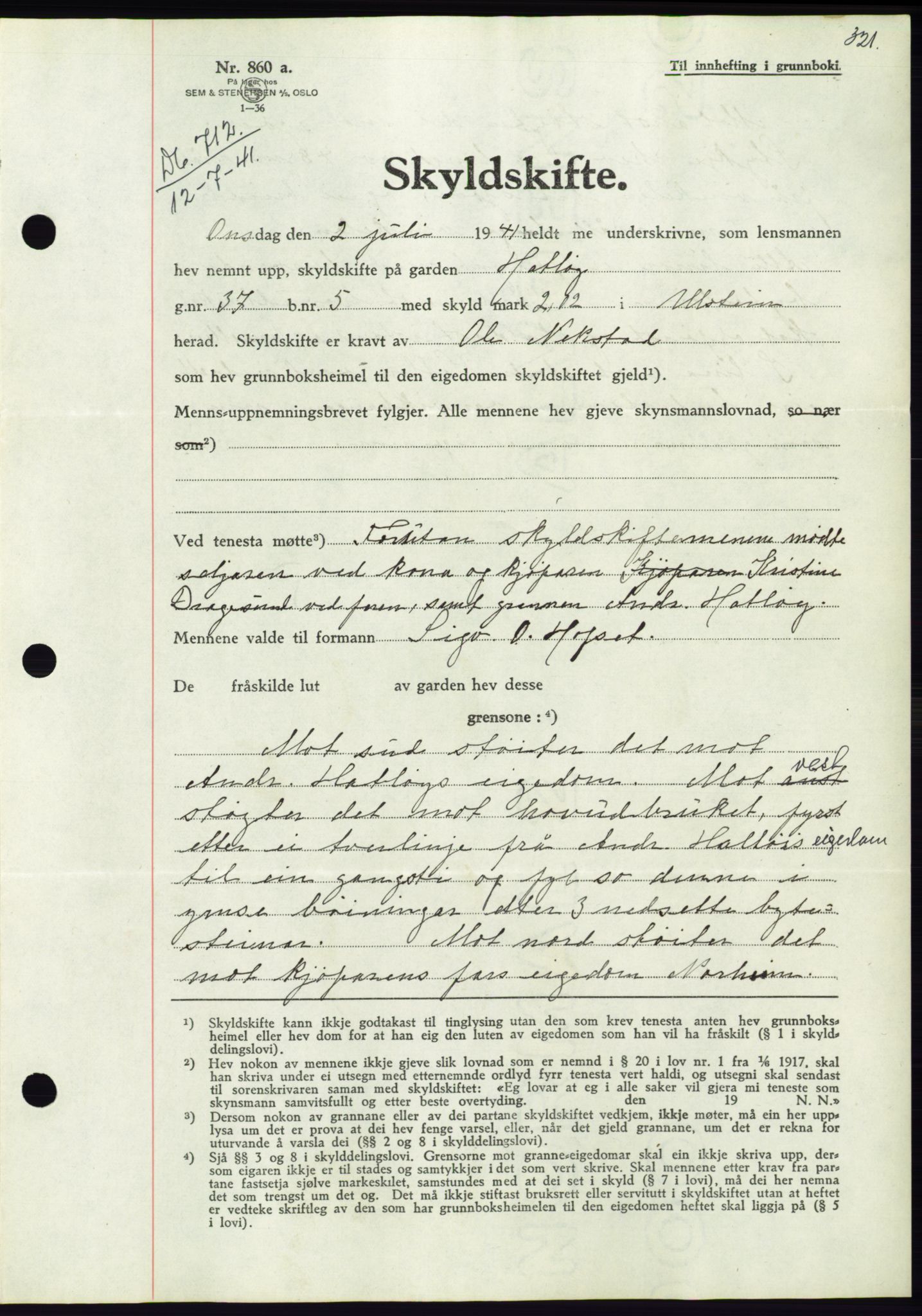 Søre Sunnmøre sorenskriveri, AV/SAT-A-4122/1/2/2C/L0071: Pantebok nr. 65, 1941-1941, Dagboknr: 712/1941