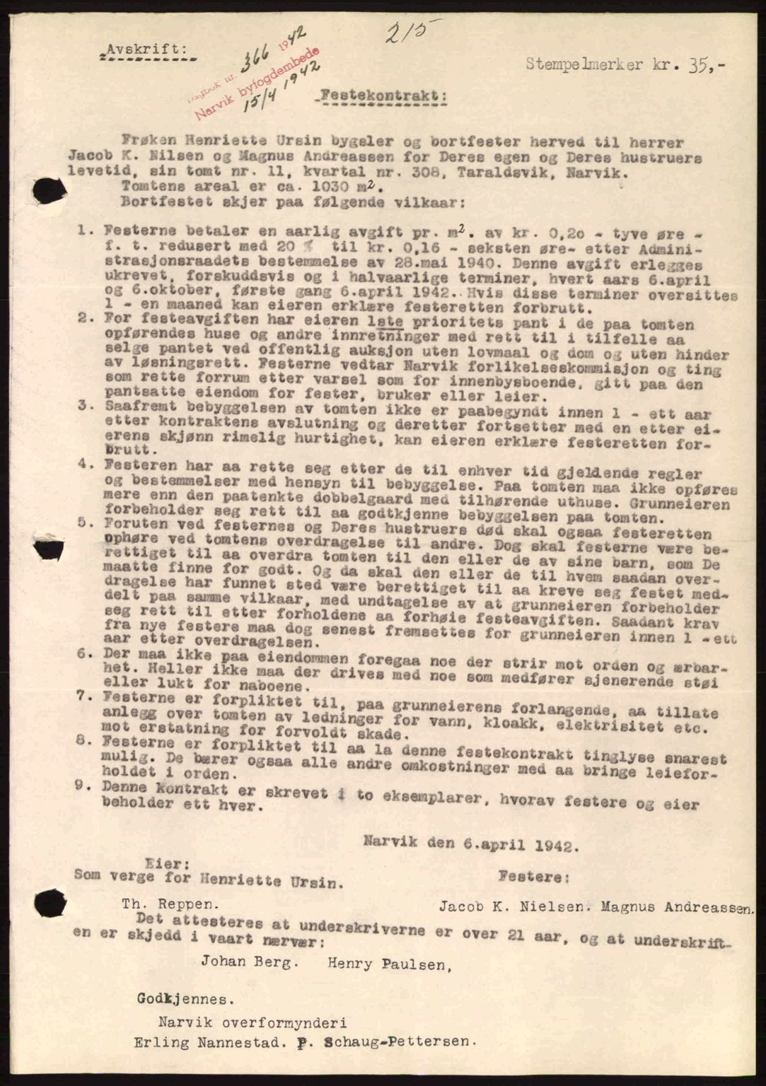 Narvik sorenskriveri, SAT/A-0002/1/2/2C/2Ca: Pantebok nr. A19, 1942-1943, Dagboknr: 366/1942