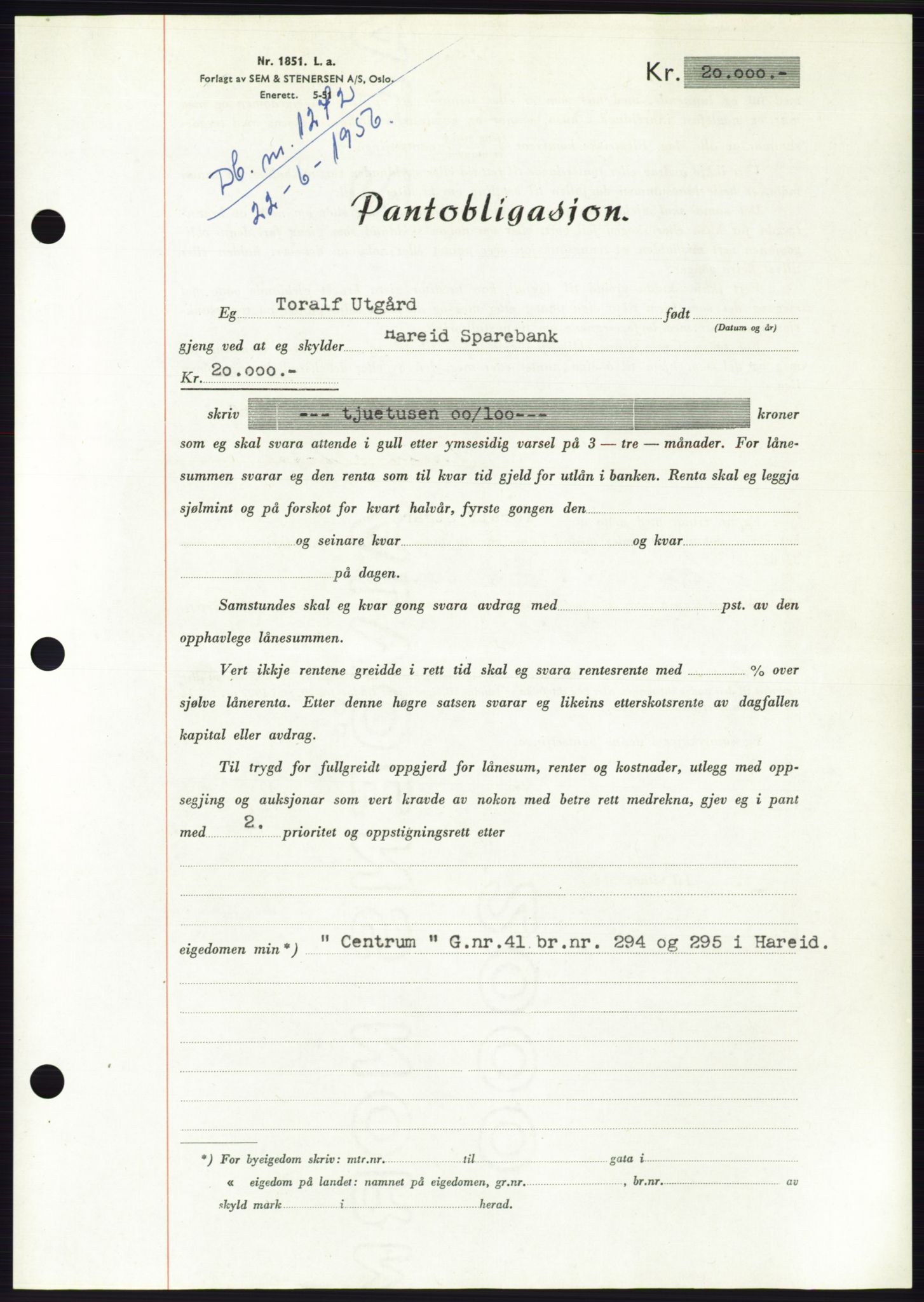 Søre Sunnmøre sorenskriveri, SAT/A-4122/1/2/2C/L0128: Pantebok nr. 16B, 1956-1956, Dagboknr: 1272/1956