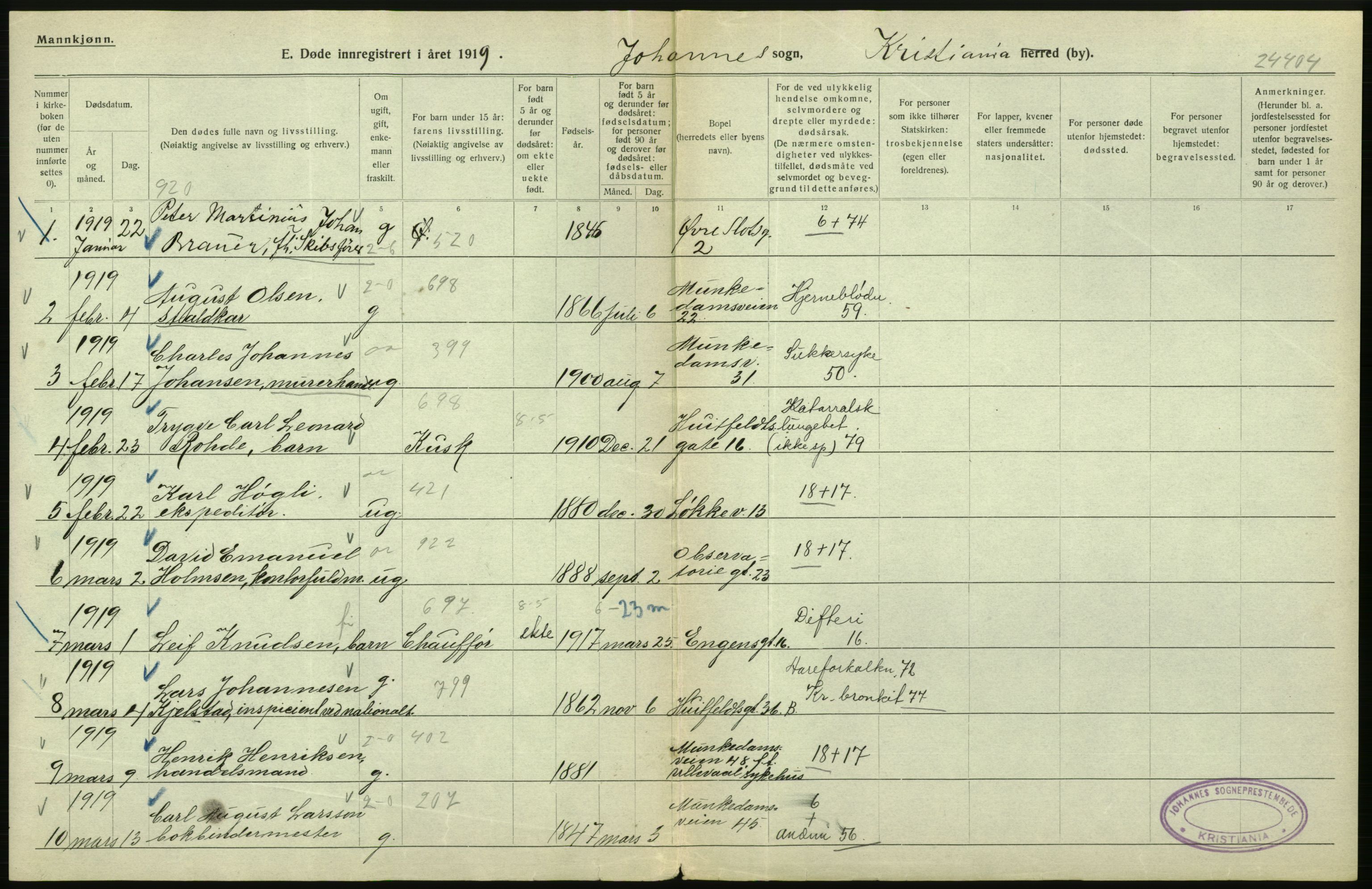 Statistisk sentralbyrå, Sosiodemografiske emner, Befolkning, AV/RA-S-2228/D/Df/Dfb/Dfbi/L0011: Kristiania: Døde, dødfødte, 1919