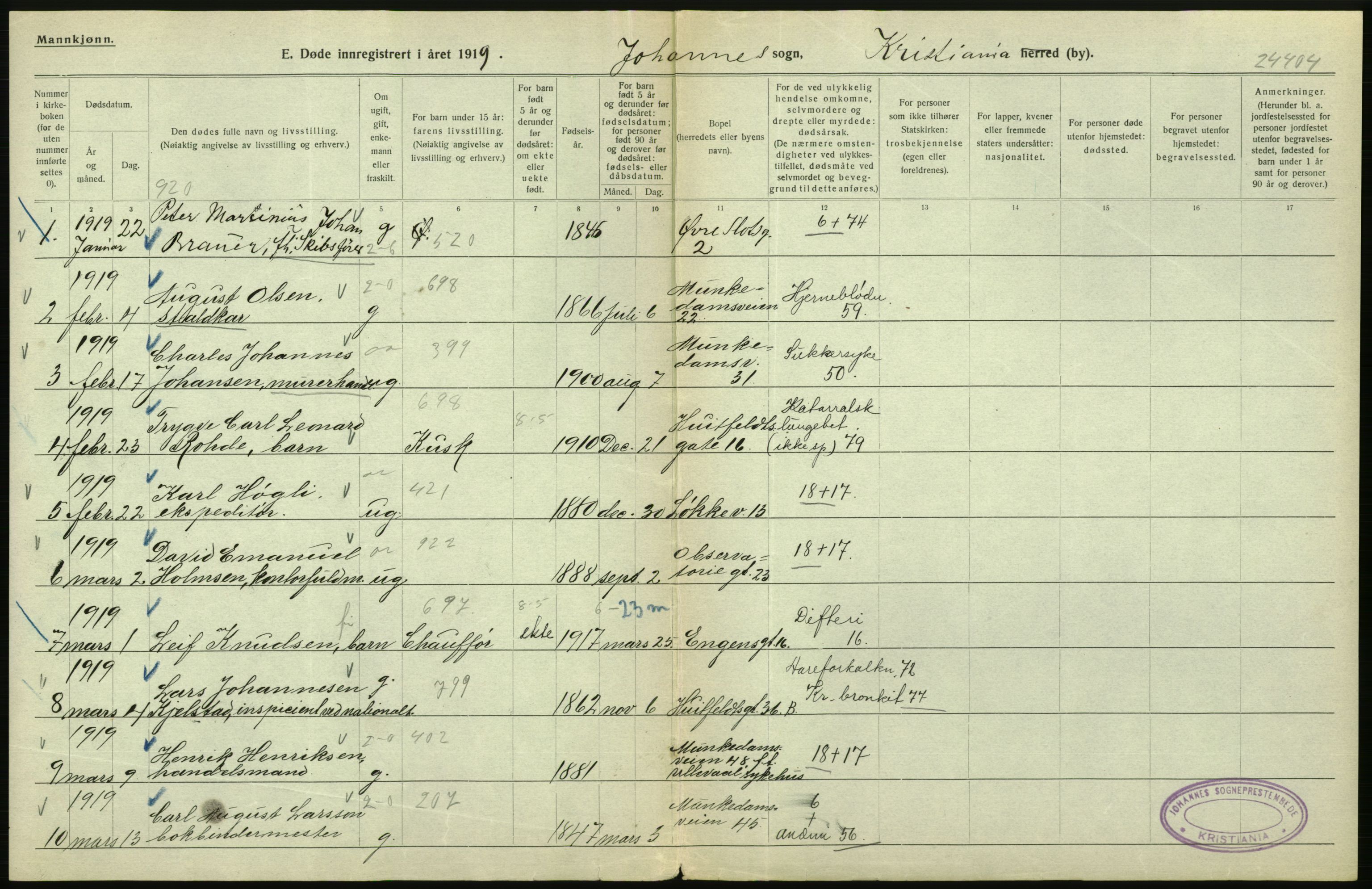 Statistisk sentralbyrå, Sosiodemografiske emner, Befolkning, RA/S-2228/D/Df/Dfb/Dfbi/L0011: Kristiania: Døde, dødfødte, 1919