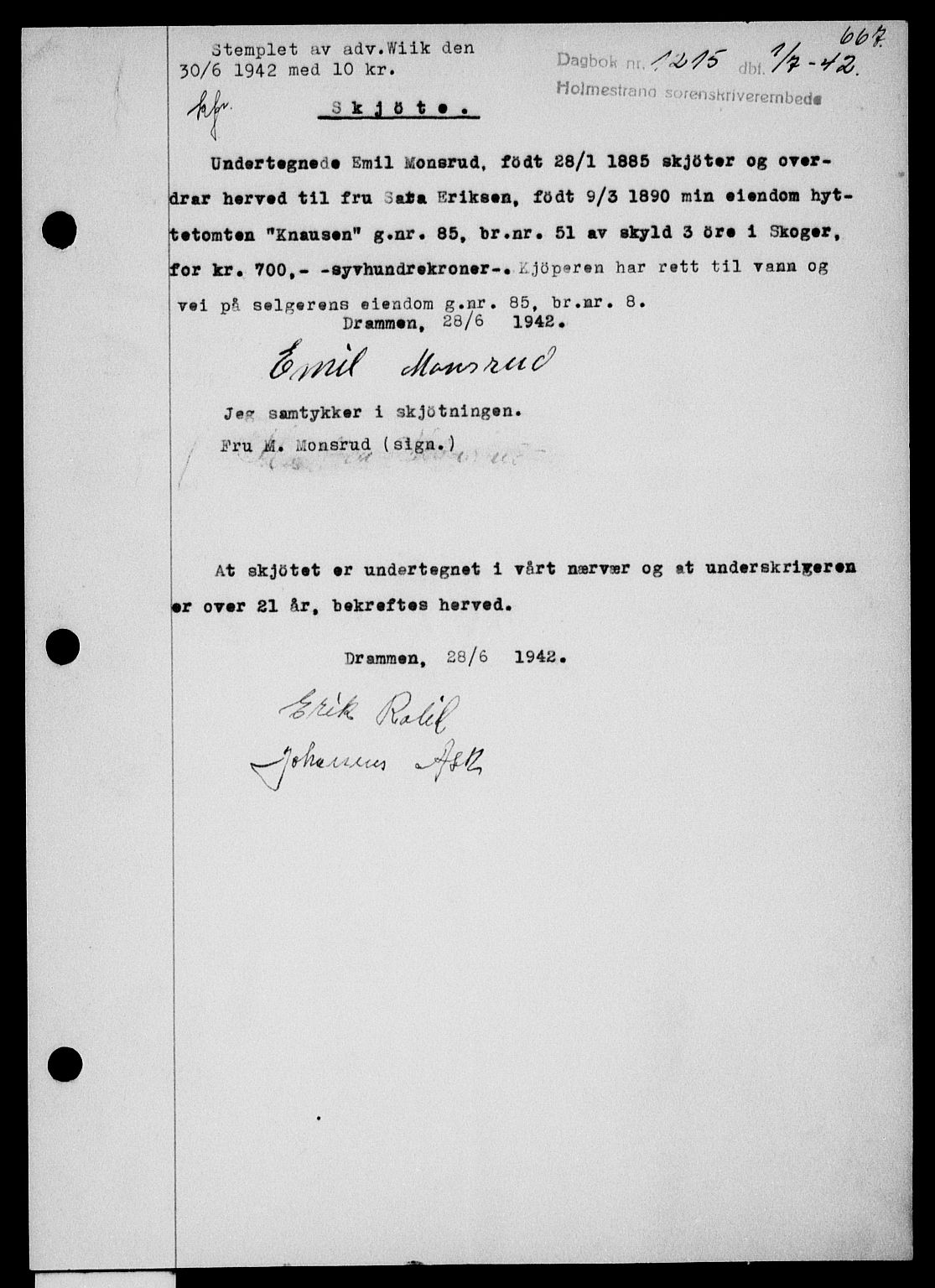 Holmestrand sorenskriveri, SAKO/A-67/G/Ga/Gaa/L0055: Pantebok nr. A-55, 1942-1942, Dagboknr: 1215/1942