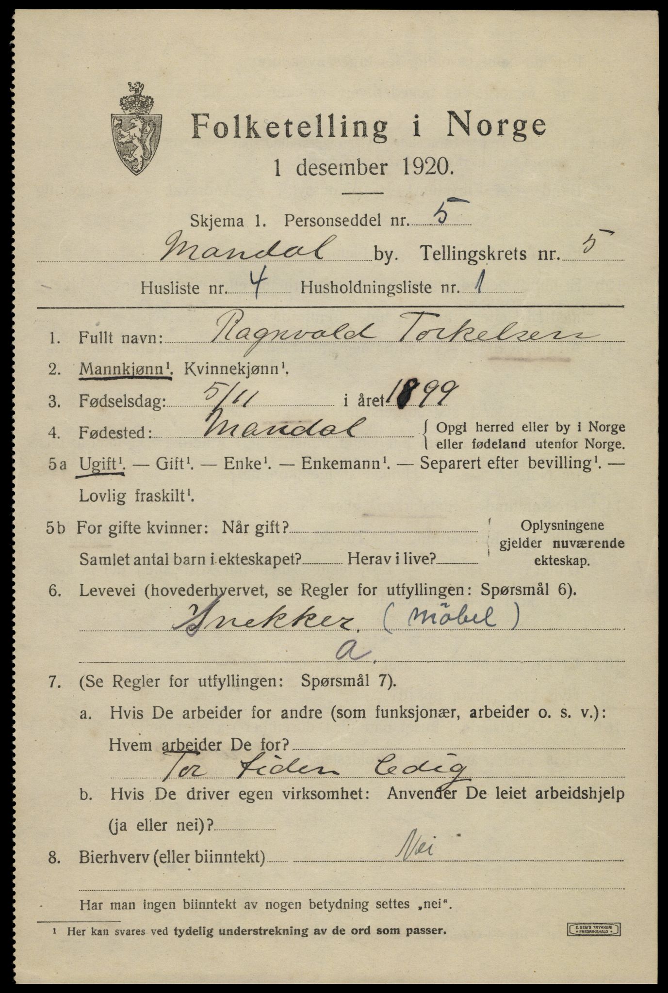 SAK, Folketelling 1920 for 1002 Mandal ladested, 1920, s. 8233