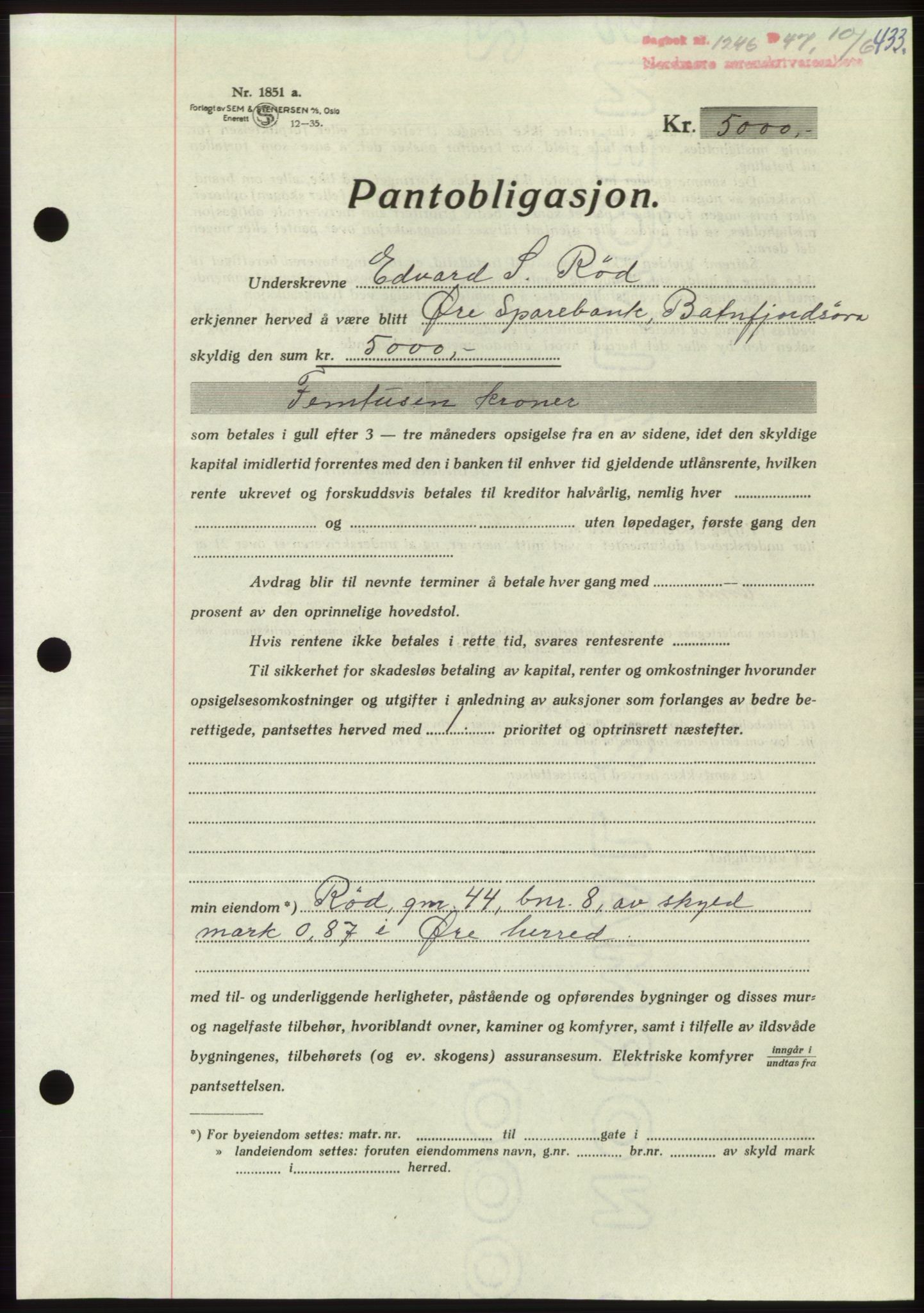 Nordmøre sorenskriveri, AV/SAT-A-4132/1/2/2Ca: Pantebok nr. B96, 1947-1947, Dagboknr: 1246/1947