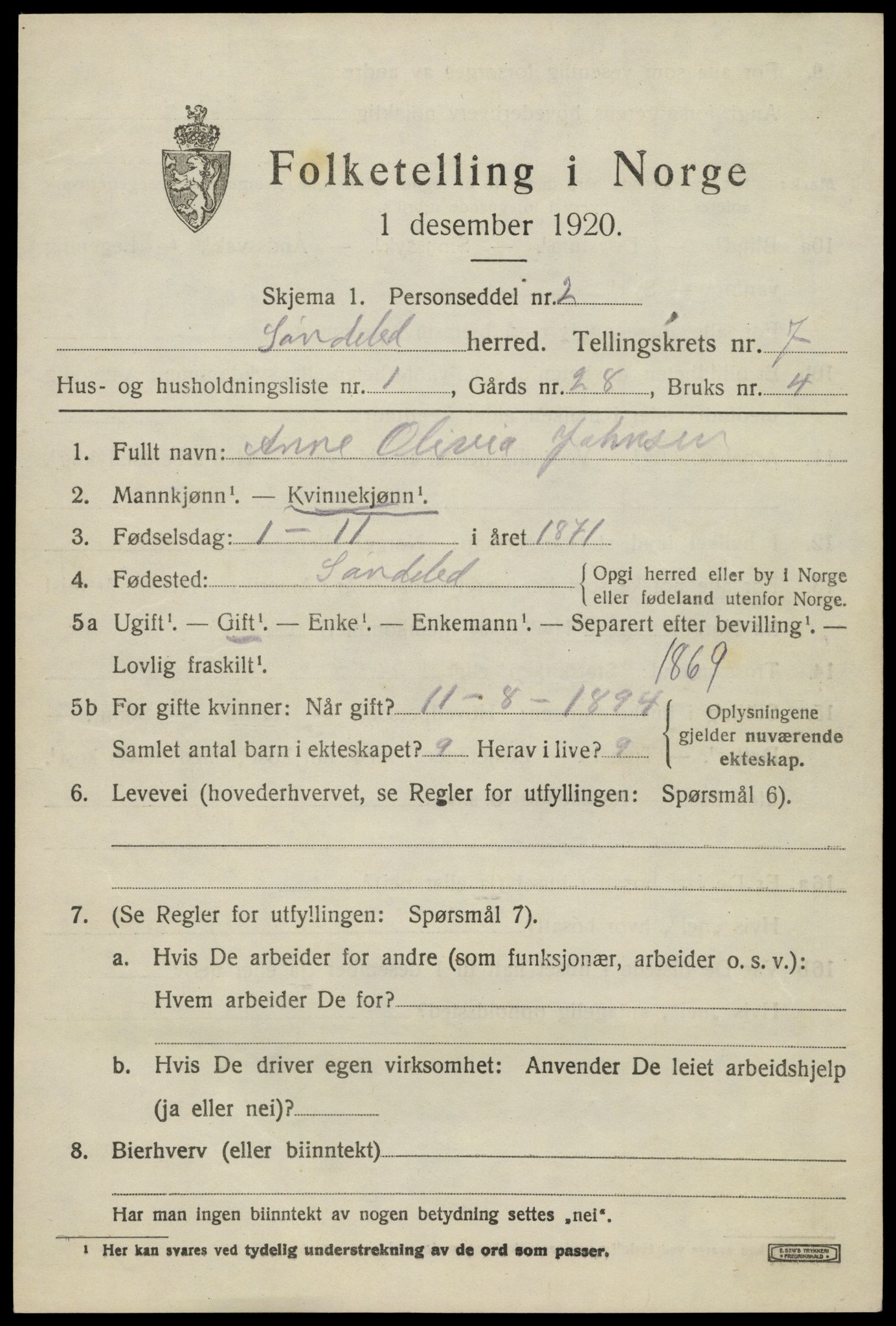 SAK, Folketelling 1920 for 0913 Søndeled herred, 1920, s. 3921