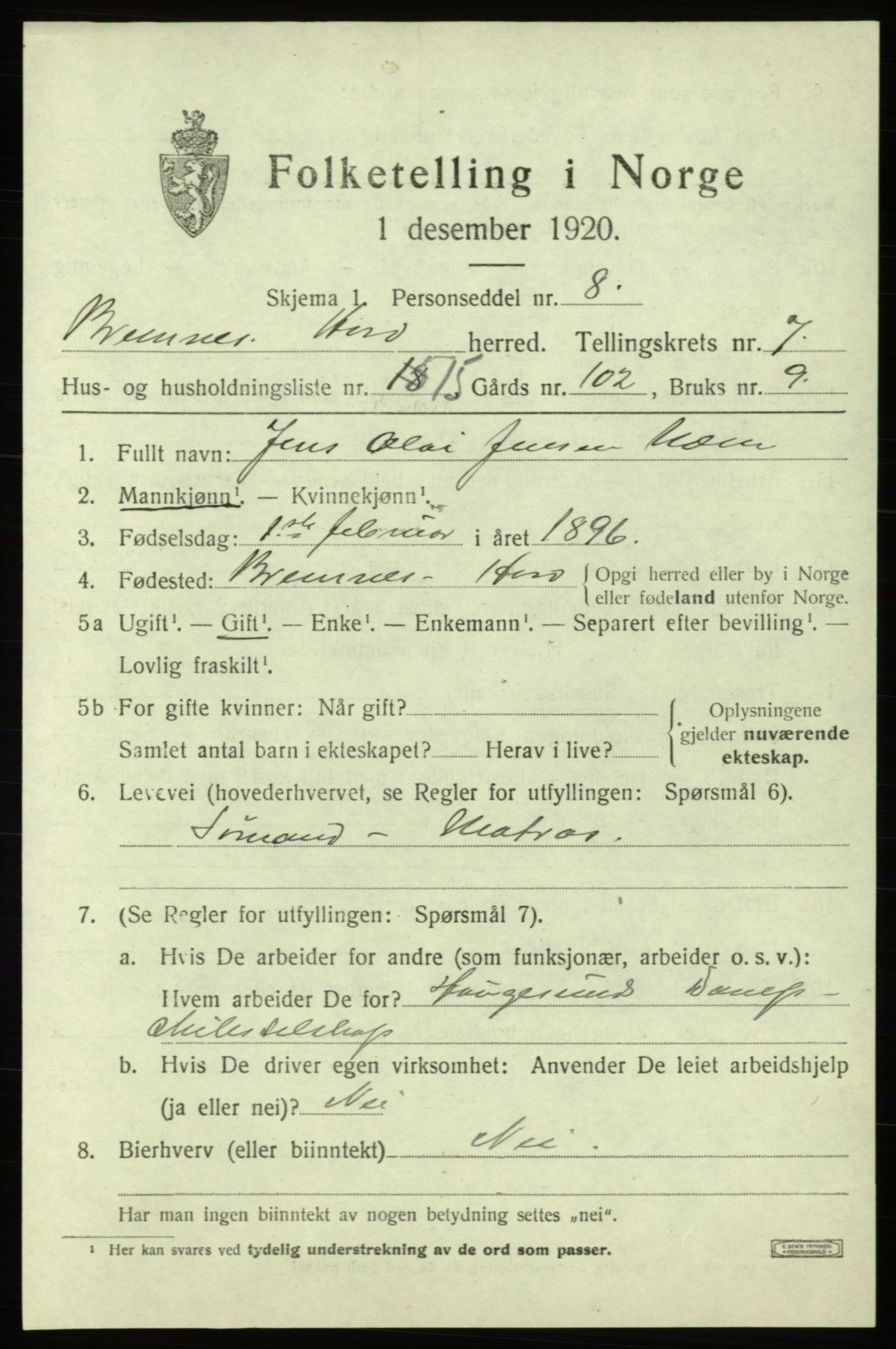 SAB, Folketelling 1920 for 1220 Bremnes herred, 1920, s. 4210