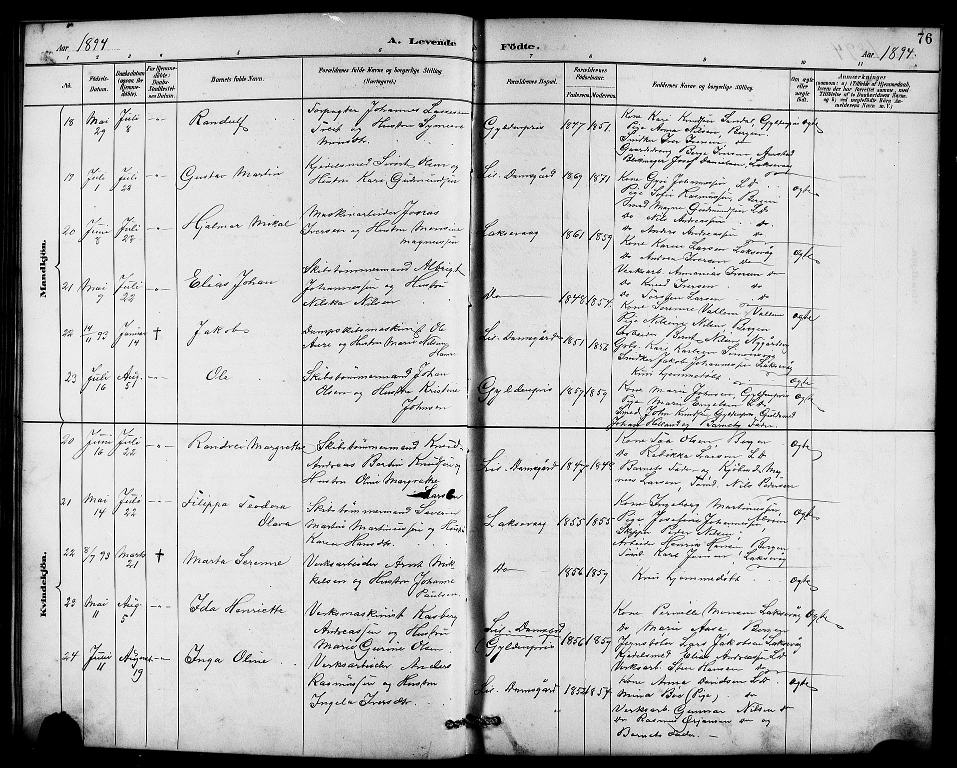 Laksevåg Sokneprestembete, AV/SAB-A-76501/H/Ha/Hab/Haba/L0003: Klokkerbok nr. A 3, 1887-1899, s. 76