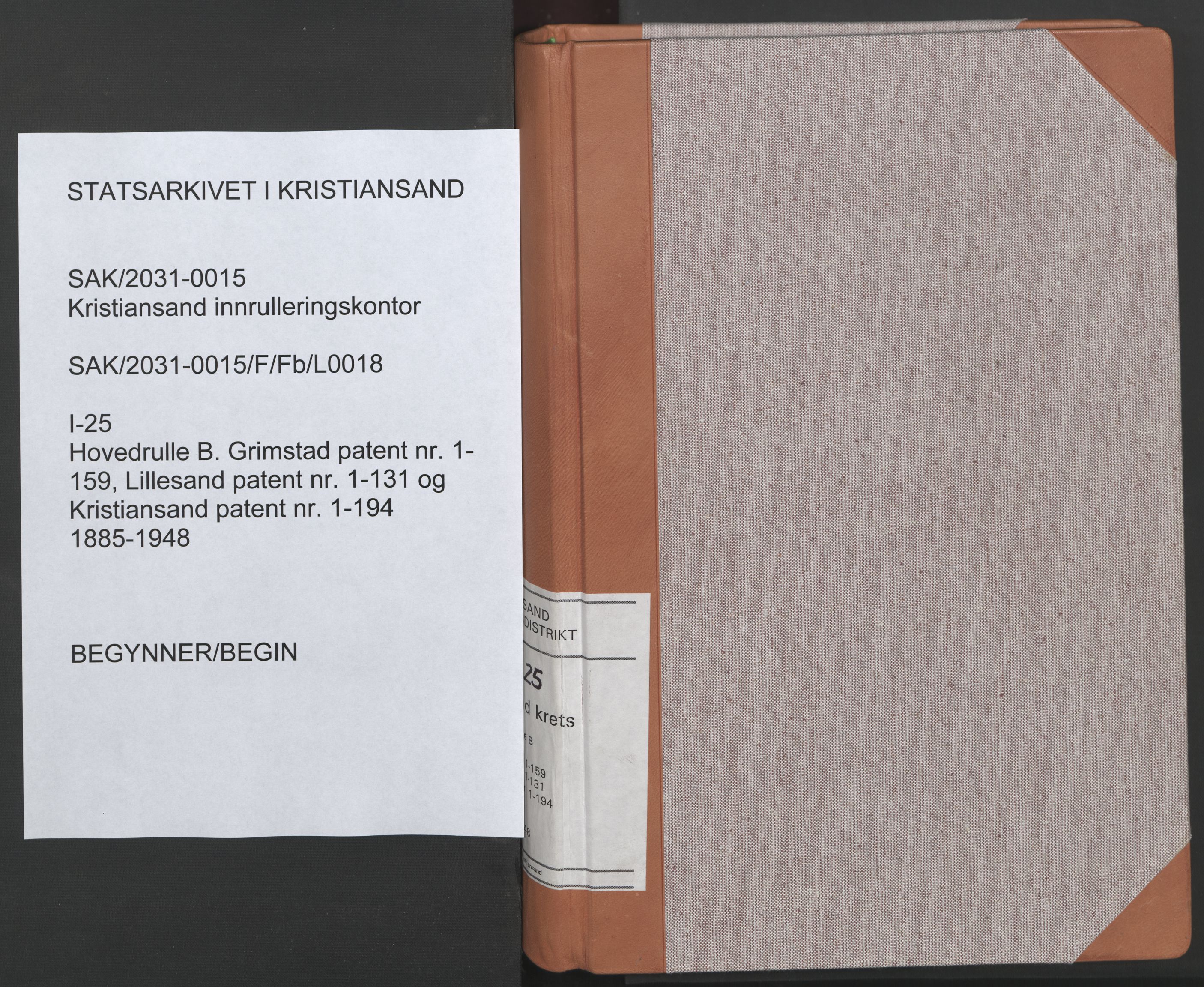 Kristiansand mønstringskrets, SAK/2031-0015/F/Fb/L0018: Hovedrulle B Grimstad nr 1-159, Lillesand nr 1-131 og Kristiansand nr 1-194, I-25, 1885-1948, s. 1