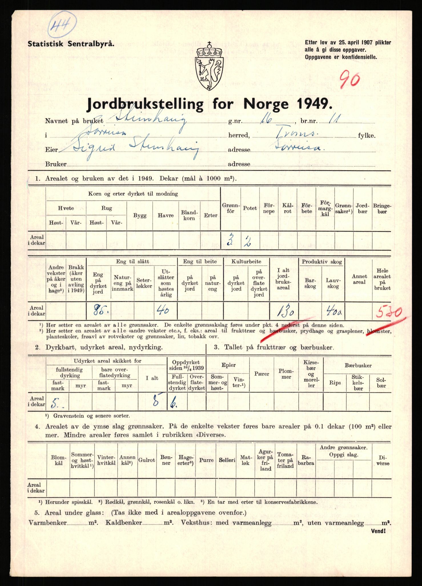 Statistisk sentralbyrå, Næringsøkonomiske emner, Jordbruk, skogbruk, jakt, fiske og fangst, AV/RA-S-2234/G/Gc/L0440: Troms: Sørreisa og Dyrøy, 1949, s. 876