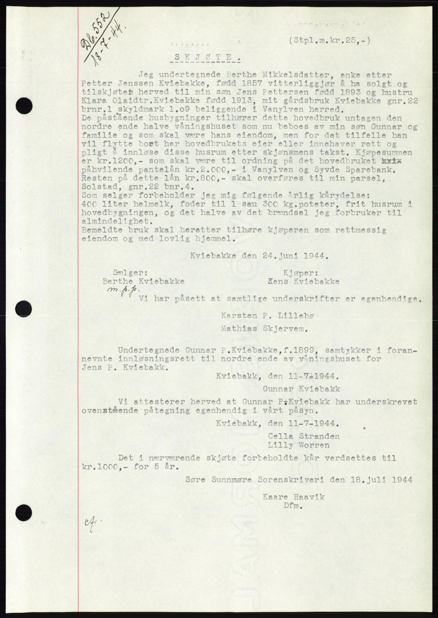 Søre Sunnmøre sorenskriveri, SAT/A-4122/1/2/2C/L0076: Pantebok nr. 2A, 1943-1944, Dagboknr: 552/1944