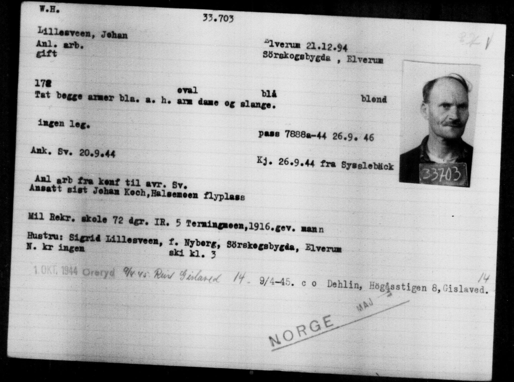 Utenriksstasjonene, Legasjonen i Stockholm, Flyktningkontoret, AV/RA-S-6753/V/Va/L0013: Kjesäterkartoteket, flyktninger med registreringsnr. 31500-34731, 1940-1945, s. 2323