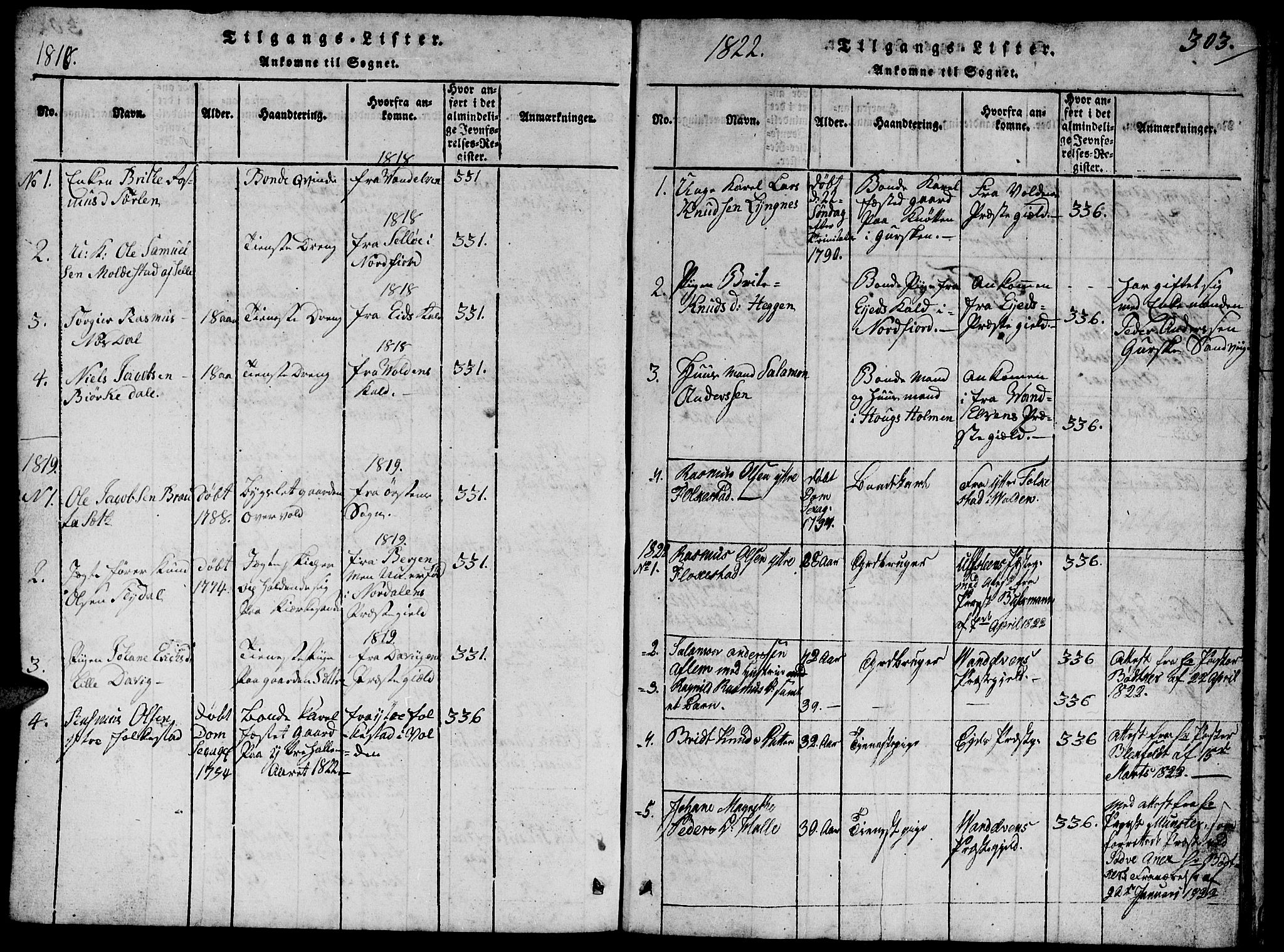 Ministerialprotokoller, klokkerbøker og fødselsregistre - Møre og Romsdal, SAT/A-1454/503/L0046: Klokkerbok nr. 503C01, 1816-1842, s. 303