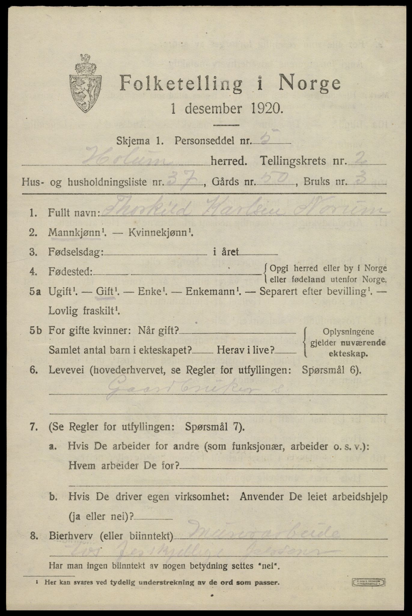 SAK, Folketelling 1920 for 1020 Holum herred, 1920, s. 1609