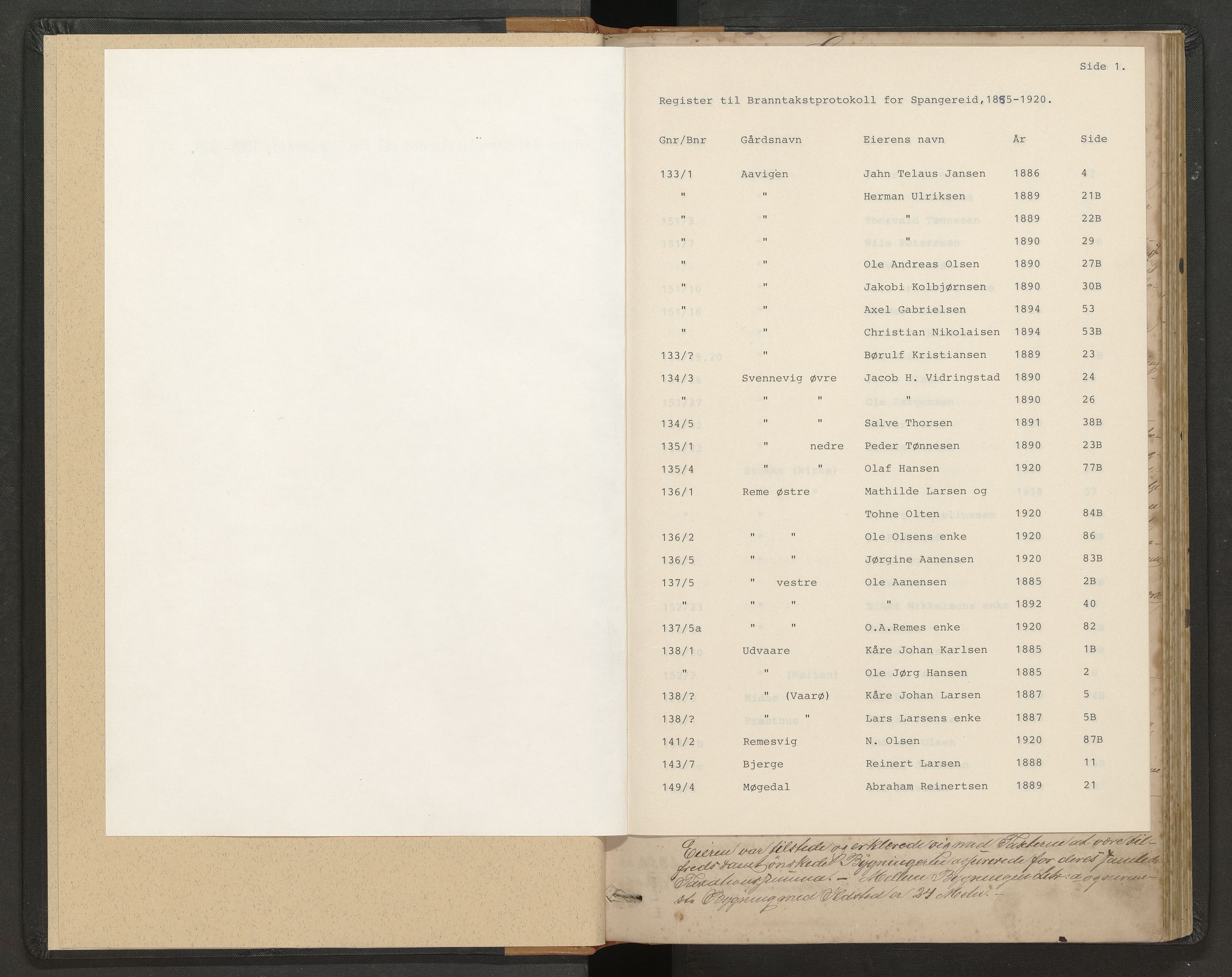 Norges Brannkasse Spangereid, AV/SAK-2241-0045/F/Fa/L0002: Branntakstprotokoll nr. 2 med gårdsnavnregister, 1885-1920