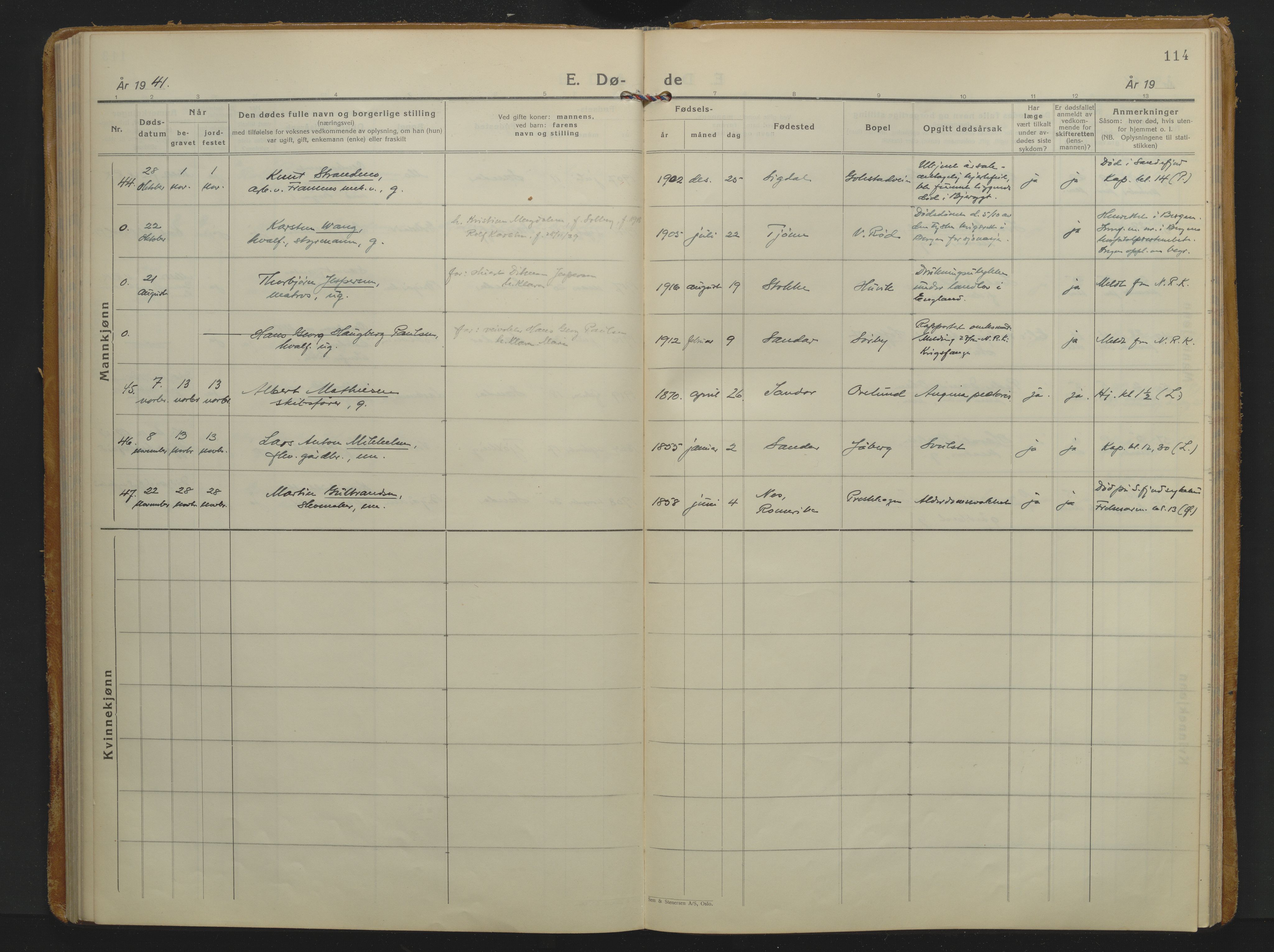 Sandar kirkebøker, AV/SAKO-A-243/F/Fa/L0026: Ministerialbok nr. 26, 1932-1944, s. 114