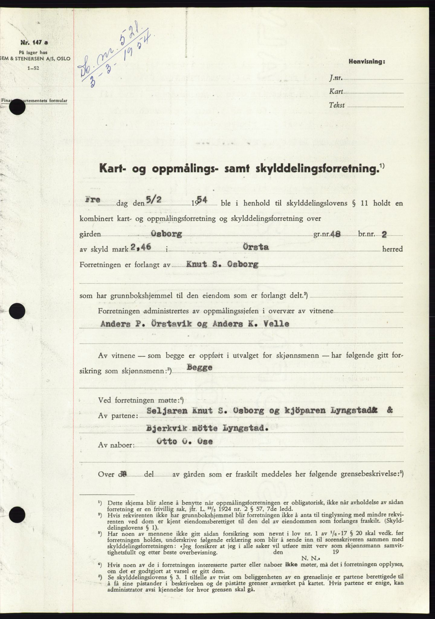Søre Sunnmøre sorenskriveri, SAT/A-4122/1/2/2C/L0097: Pantebok nr. 23A, 1954-1954, Dagboknr: 521/1954