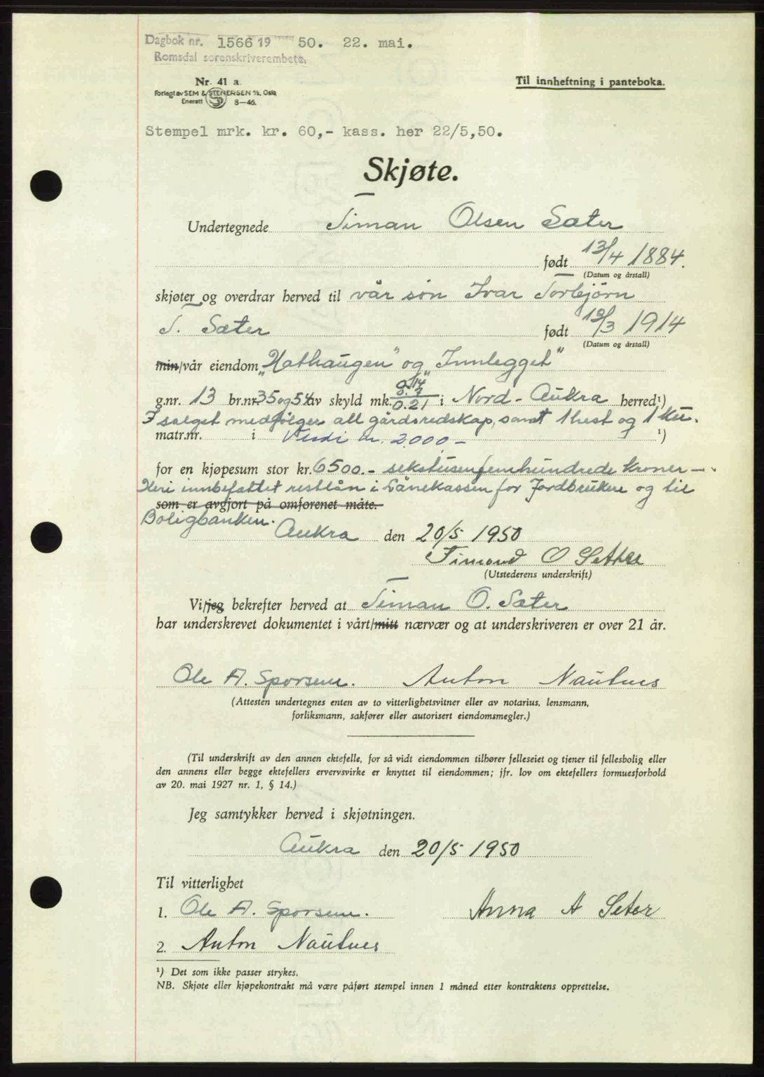 Romsdal sorenskriveri, SAT/A-4149/1/2/2C: Pantebok nr. A33, 1950-1950, Dagboknr: 1566/1950