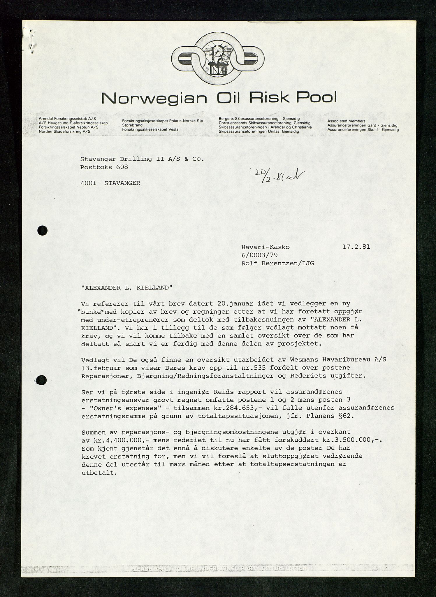 Pa 1503 - Stavanger Drilling AS, SAST/A-101906/Da/L0017: Alexander L. Kielland - Saks- og korrespondansearkiv, 1981-1984, s. 149