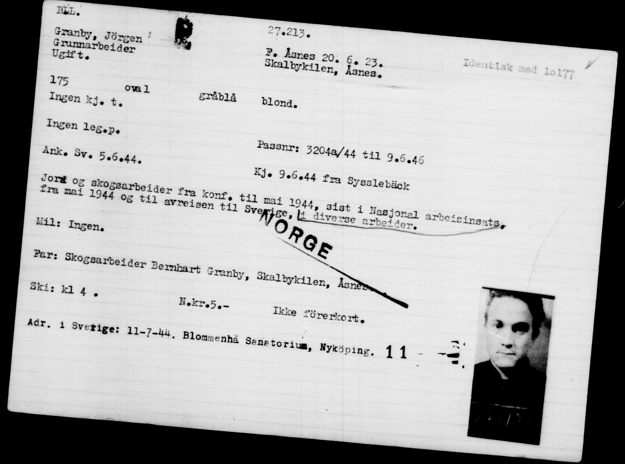 Utenriksstasjonene, Legasjonen i Stockholm, Flyktningkontoret, AV/RA-S-6753/V/Va/L0011: Kjesäterkartoteket, flyktninger med registreringsnr. 25300-28349, 1940-1945, s. 2016