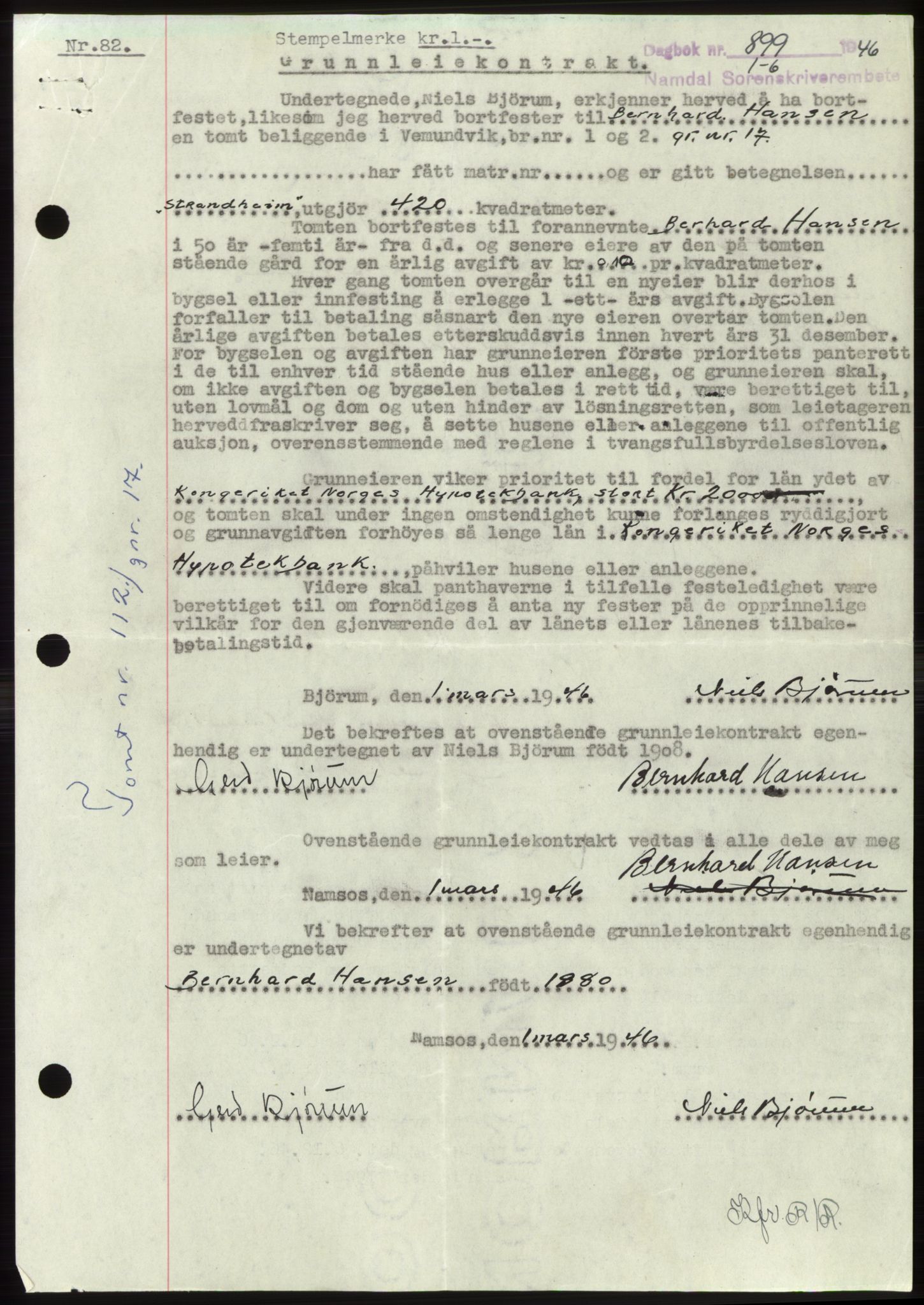 Namdal sorenskriveri, SAT/A-4133/1/2/2C: Pantebok nr. -, 1946-1946, Dagboknr: 899/1946