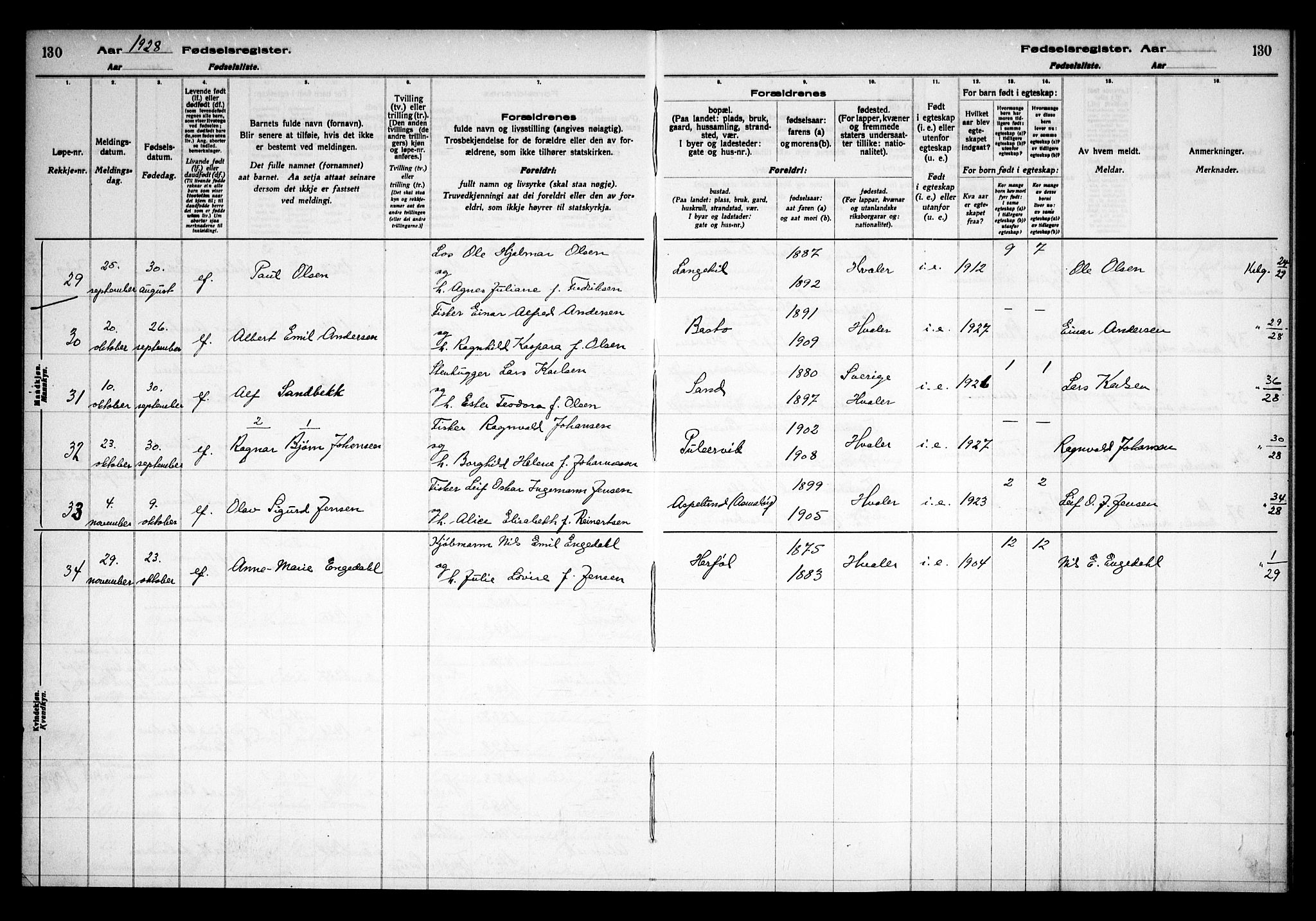 Hvaler prestekontor Kirkebøker, AV/SAO-A-2001/J/Ja/L0001: Fødselsregister nr. I 1, 1916-1938, s. 130