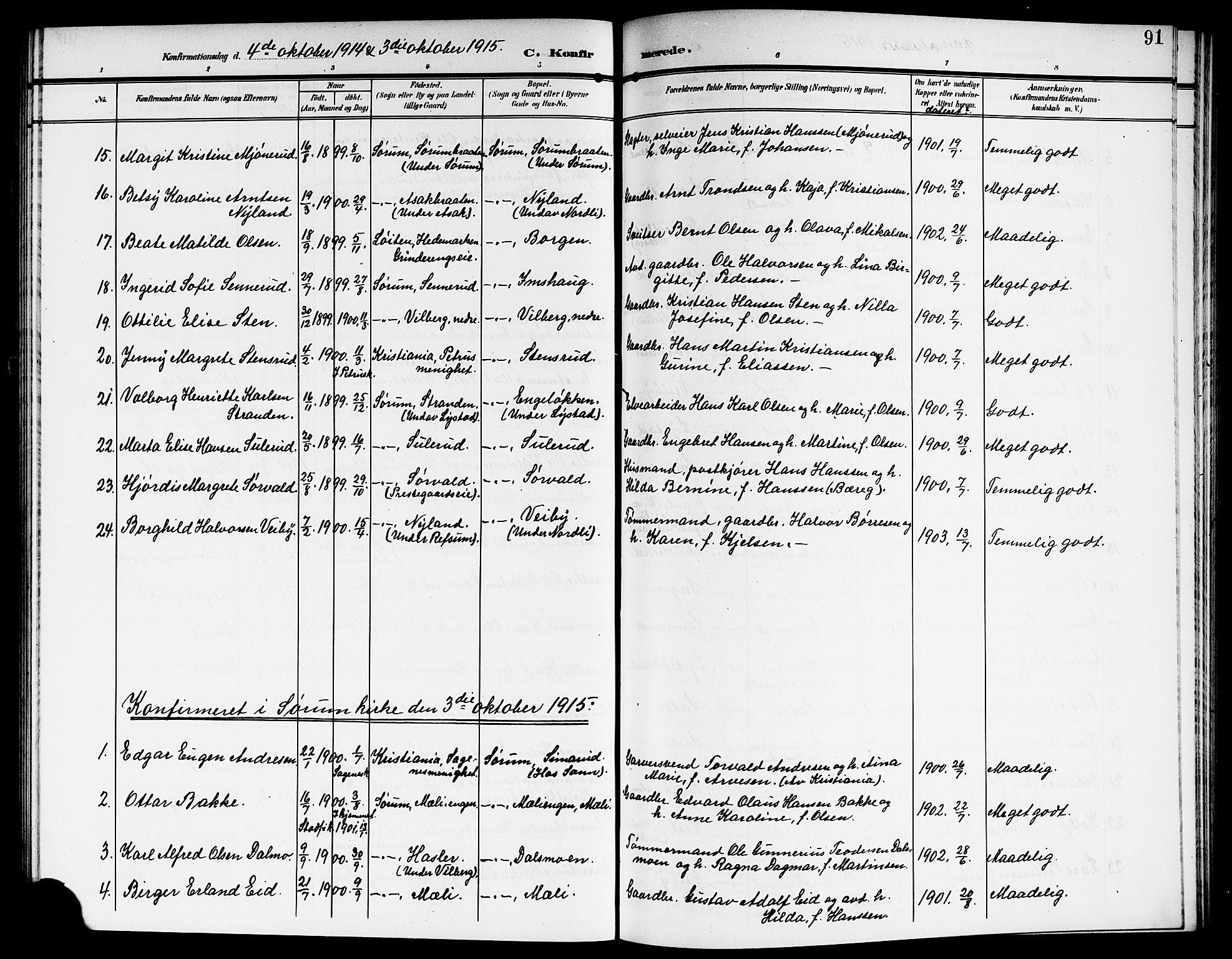 Sørum prestekontor Kirkebøker, AV/SAO-A-10303/G/Ga/L0007: Klokkerbok nr. I 7, 1907-1917, s. 91