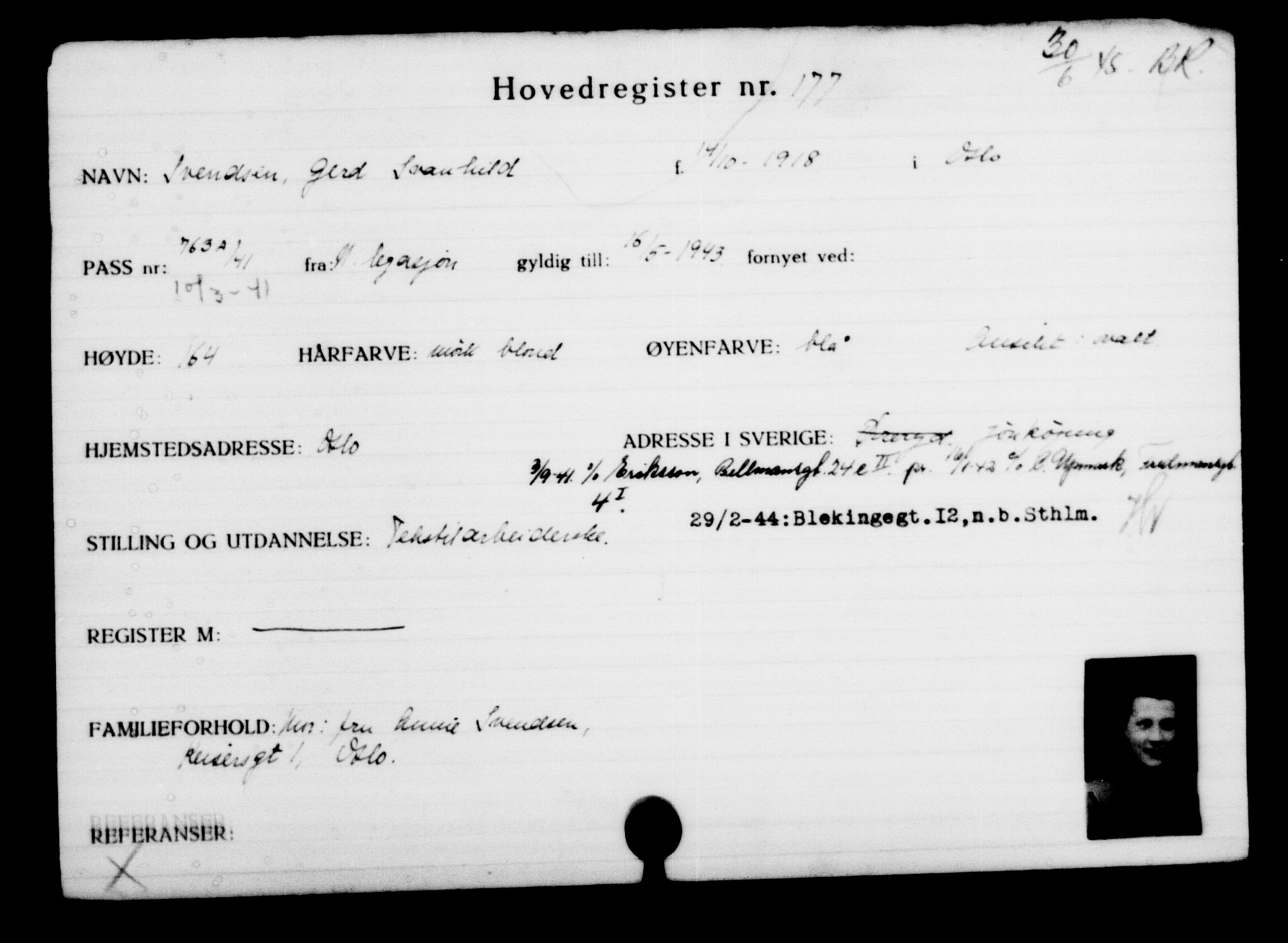 Utenriksstasjonene, Legasjonen i Stockholm, Flyktningkontoret, AV/RA-S-6753/V/Va/L0001: Kjesäterkartoteket, flyktninger med registreringsnr. 1-1000, 1940-1945, s. 287