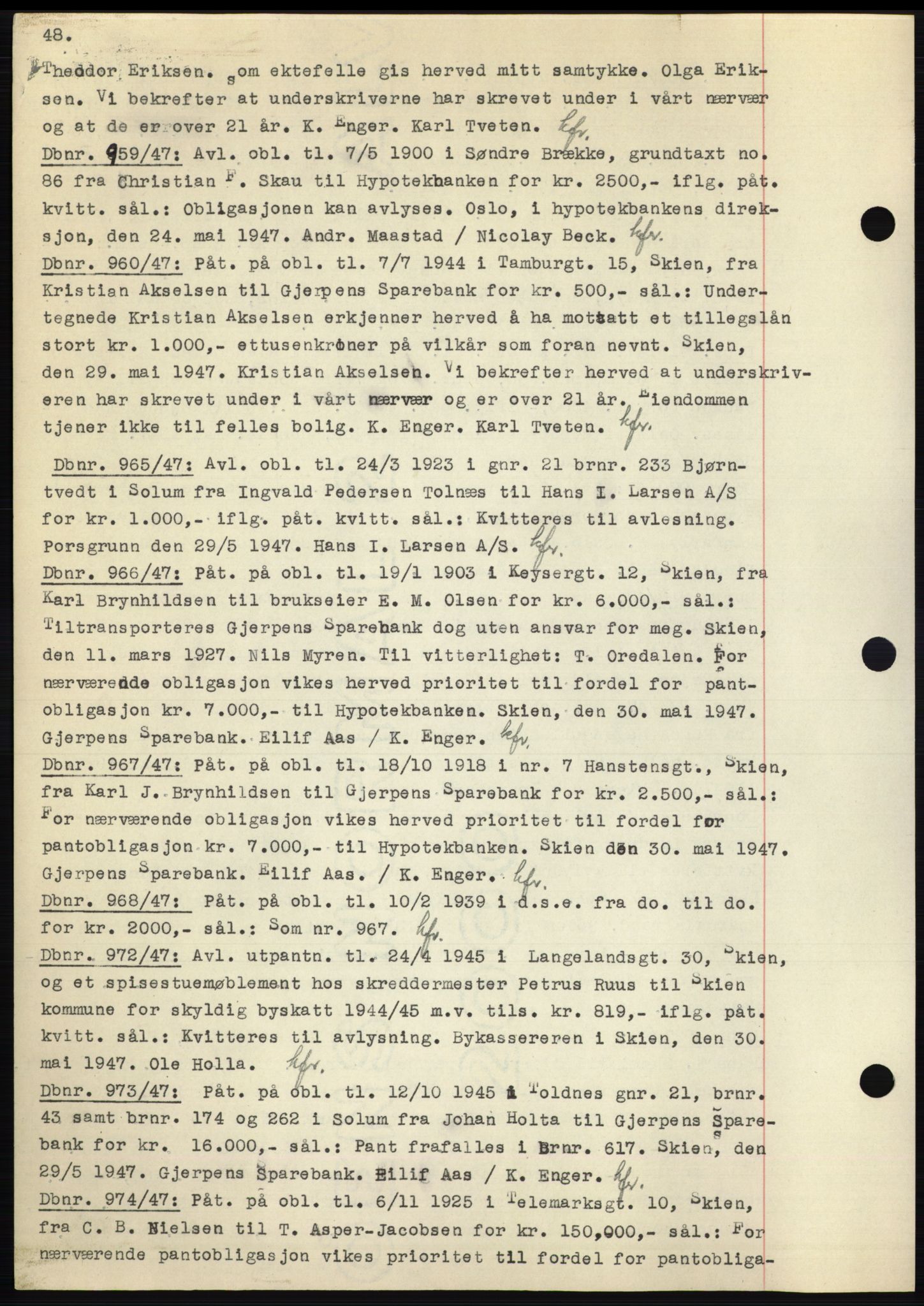 Skien sorenskriveri, AV/SAKO-A-225/G/Ga/Gac/L0001: Pantebok nr. C-1, 1946-1950, Dagboknr: 949/1947