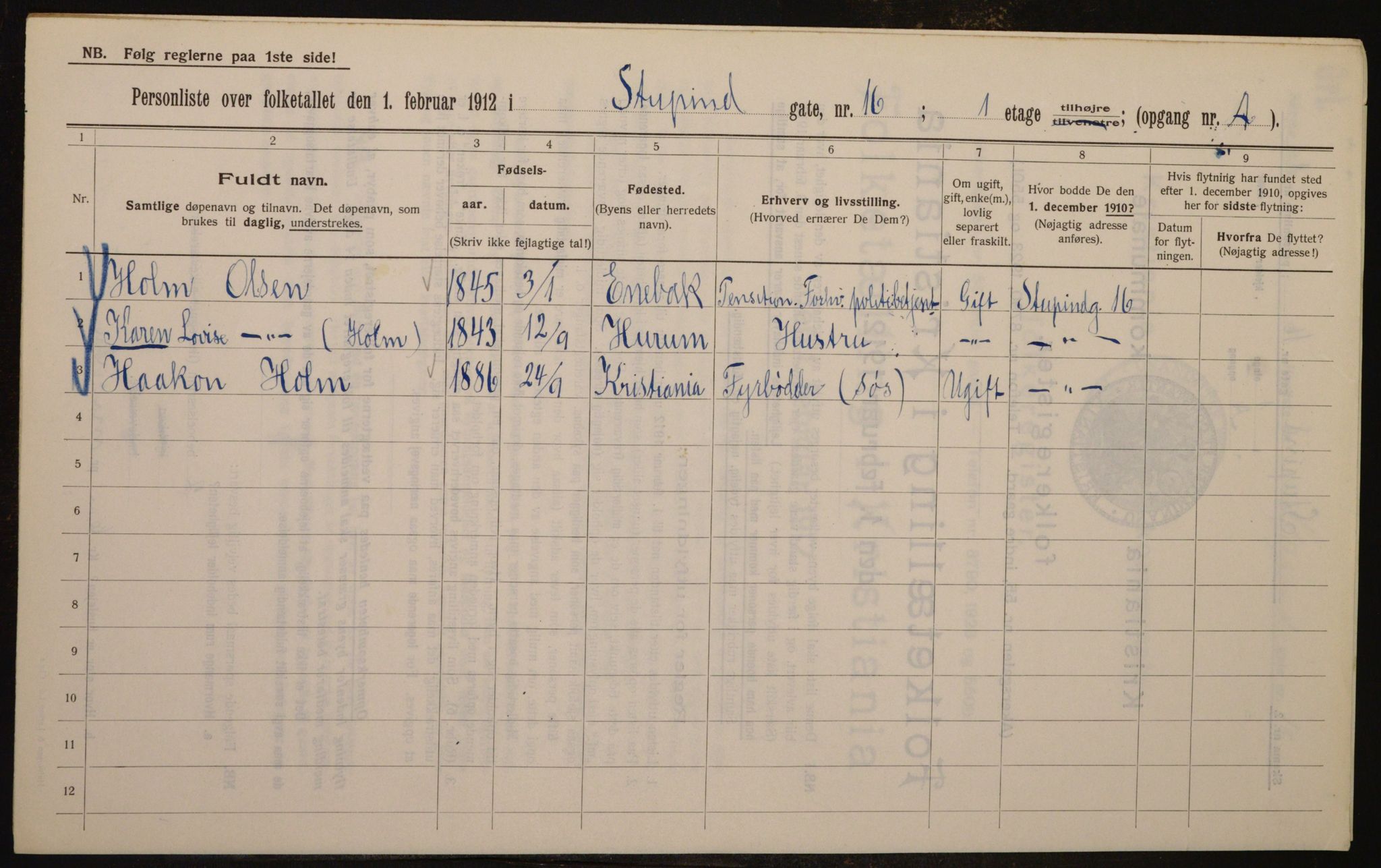 OBA, Kommunal folketelling 1.2.1912 for Kristiania, 1912, s. 104614