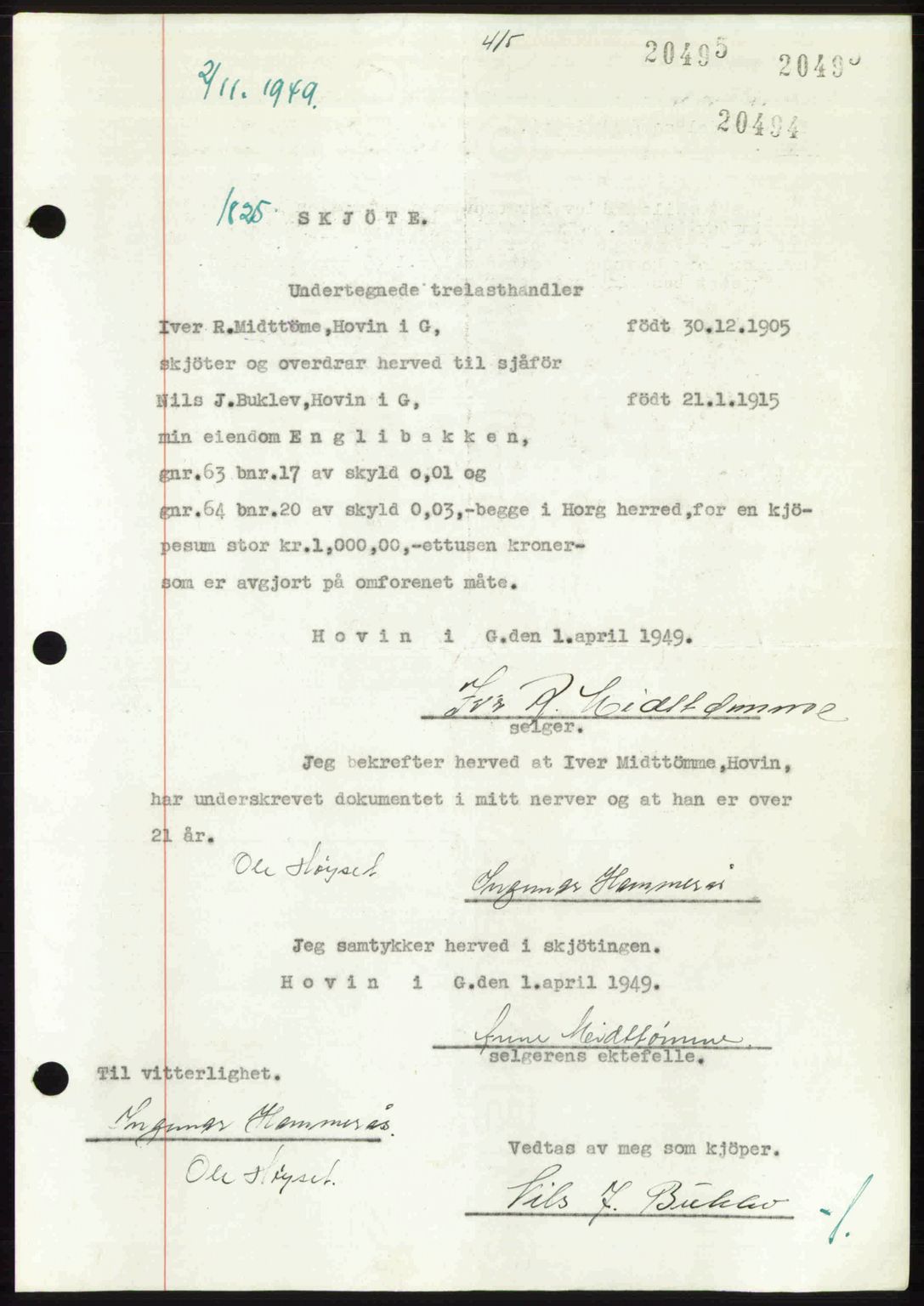 Gauldal sorenskriveri, SAT/A-0014/1/2/2C: Pantebok nr. A9, 1949-1950, Dagboknr: 1825/1949