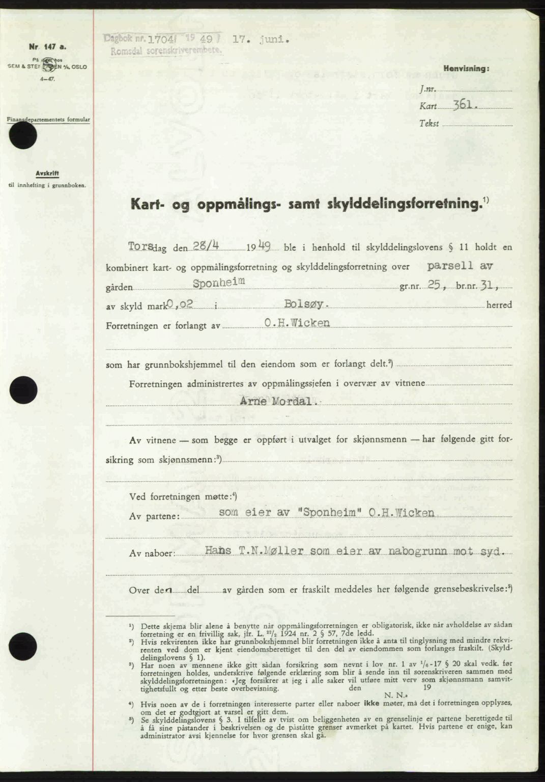 Romsdal sorenskriveri, SAT/A-4149/1/2/2C: Pantebok nr. A30, 1949-1949, Dagboknr: 1704/1949