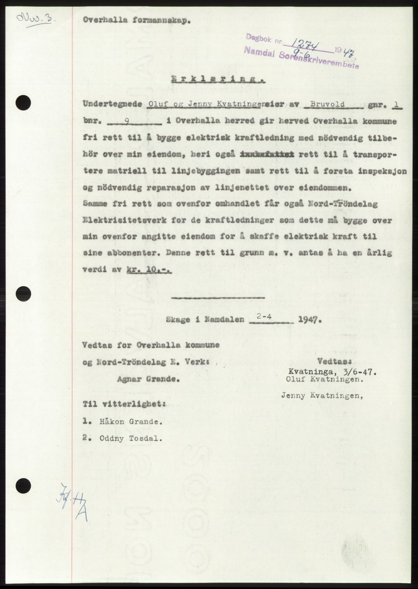 Namdal sorenskriveri, SAT/A-4133/1/2/2C: Pantebok nr. -, 1947-1947, Dagboknr: 1274/1947
