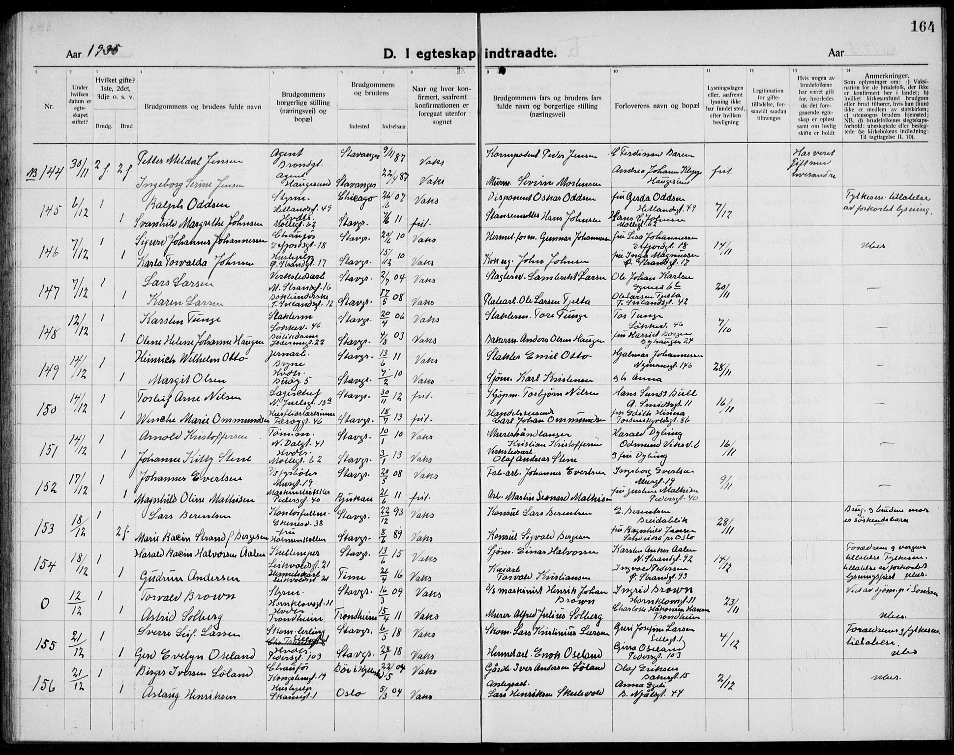 Domkirken sokneprestkontor, AV/SAST-A-101812/001/30/30BB/L0020: Klokkerbok nr. B 20, 1921-1937, s. 164