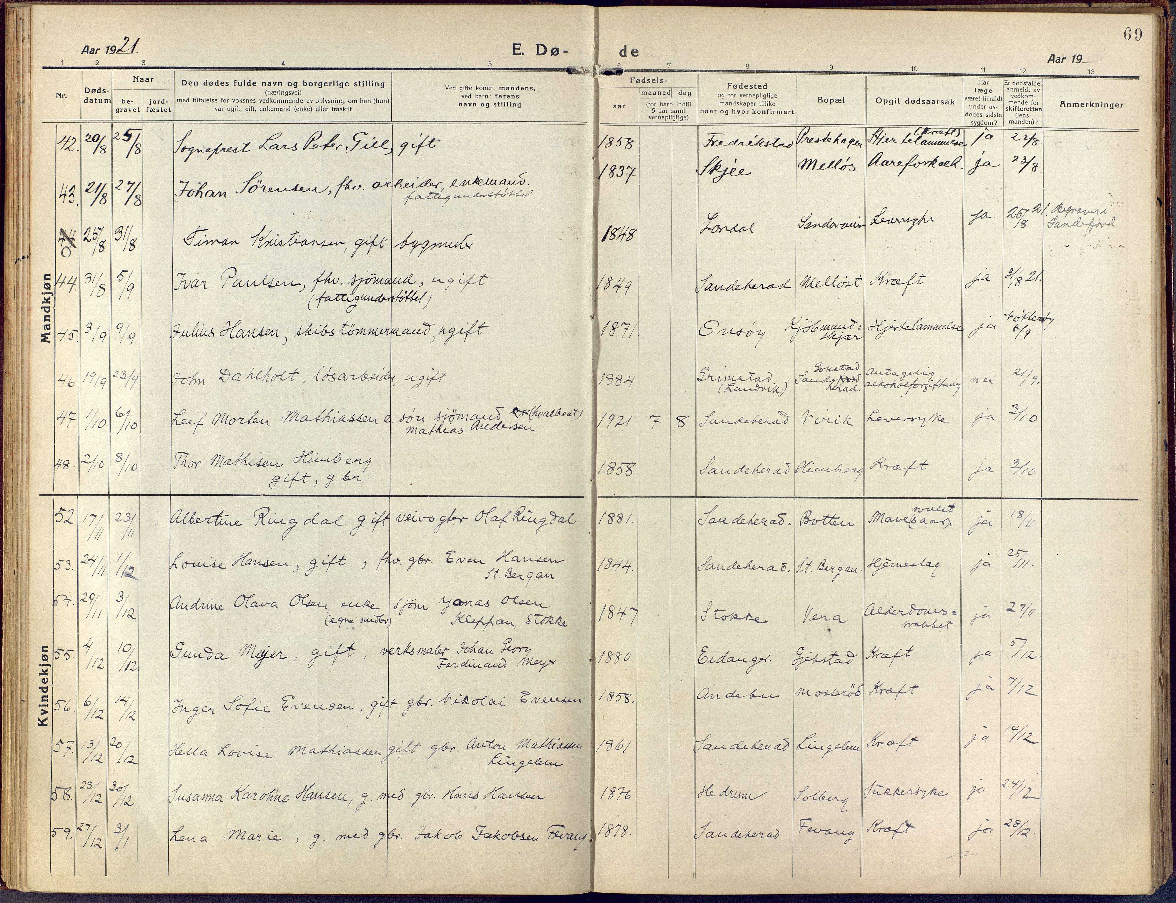 Sandar kirkebøker, AV/SAKO-A-243/F/Fa/L0021: Ministerialbok nr. 21, 1919-1925, s. 69