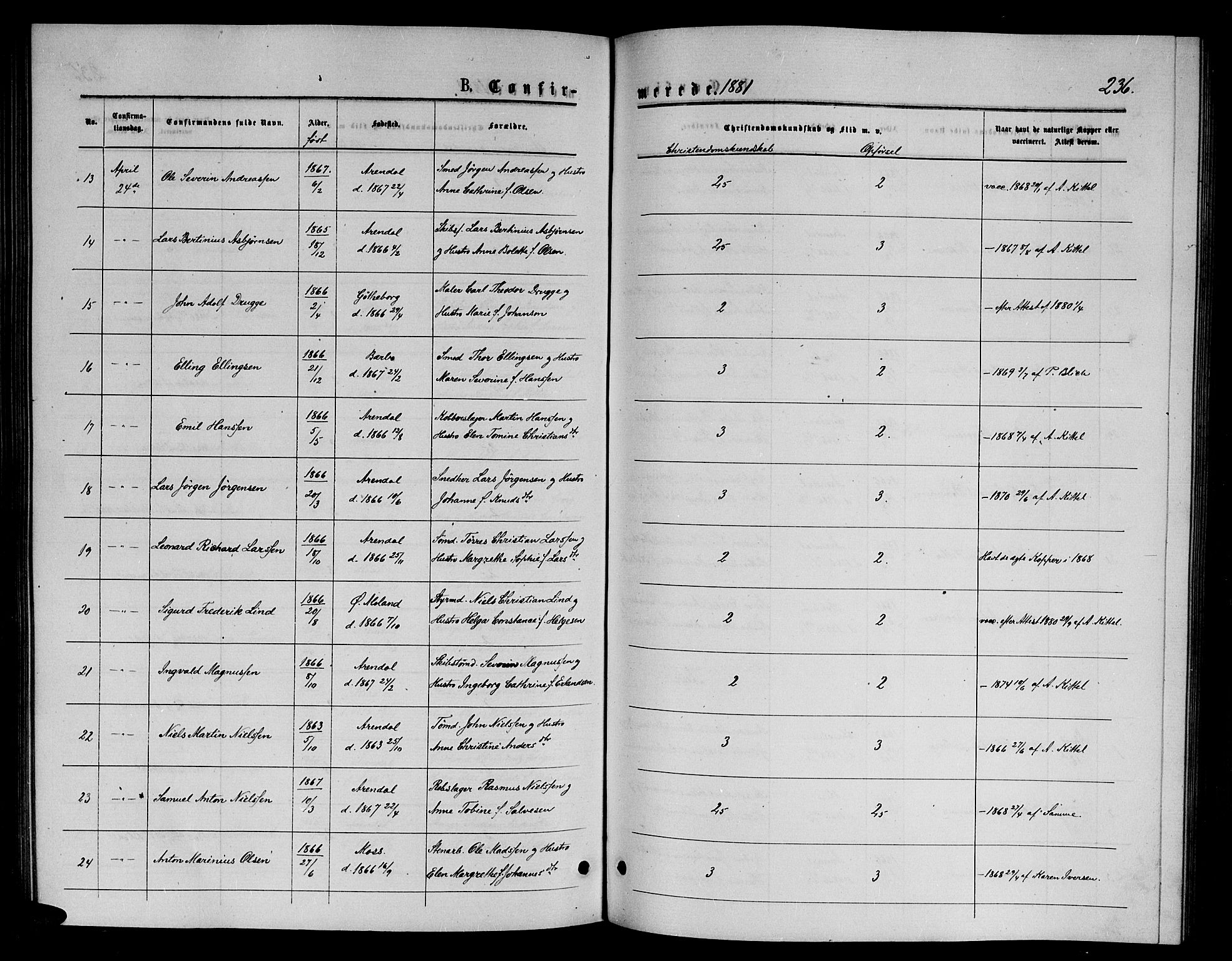 Arendal sokneprestkontor, Trefoldighet, AV/SAK-1111-0040/F/Fb/L0005: Klokkerbok nr. B 5, 1874-1888, s. 236