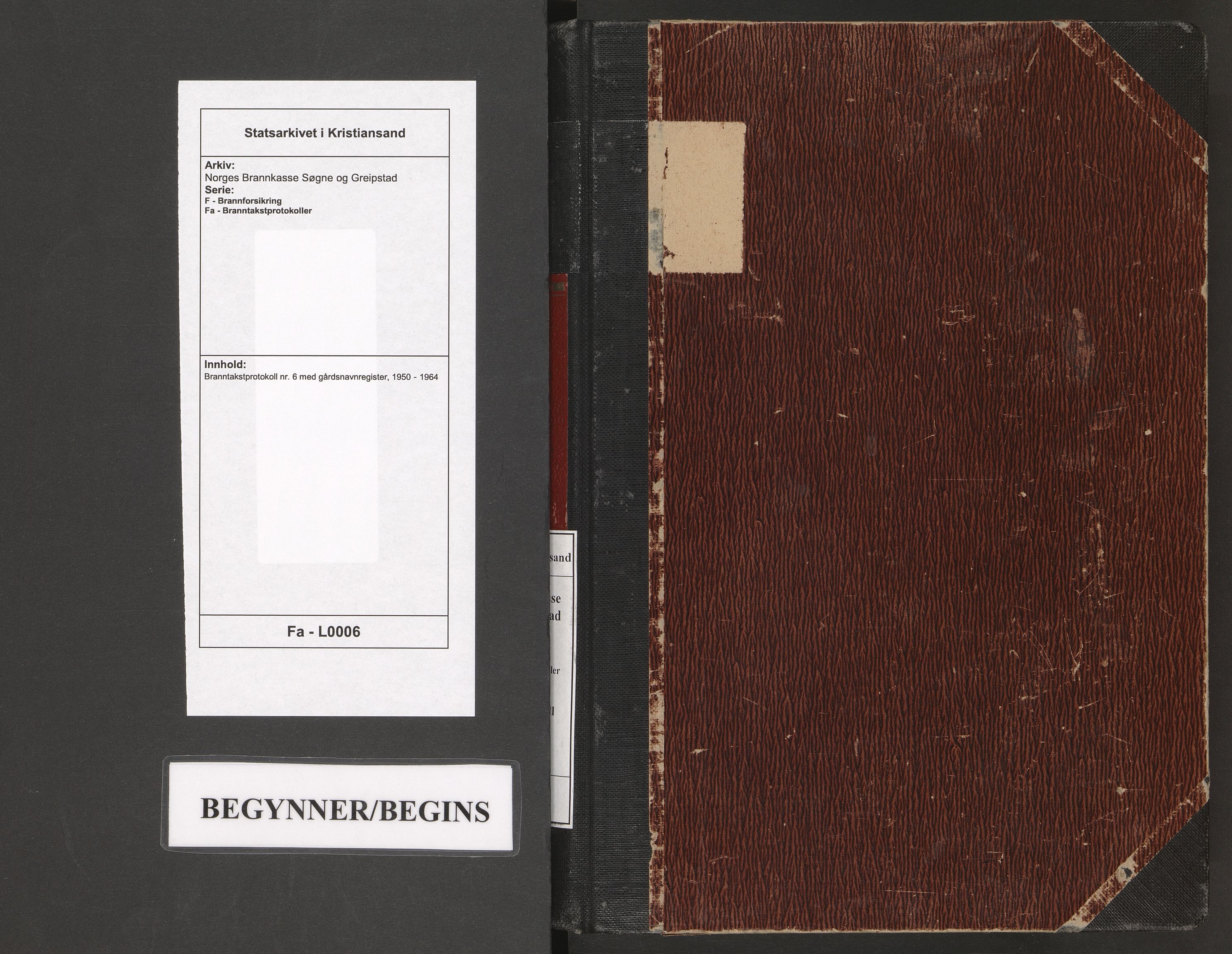 Norges Brannkasse Søgne og Greipstad, AV/SAK-2241-0046/F/Fa/L0006: Branntakstprotokoll nr. 6 med gårdsnavnregister, 1950-1964