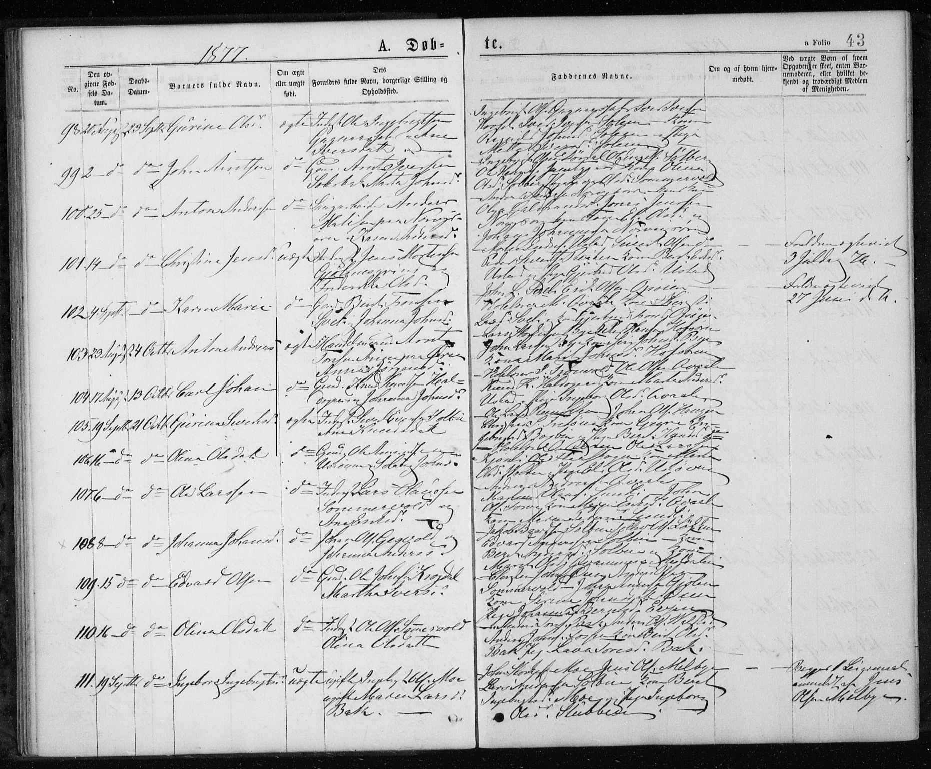 Ministerialprotokoller, klokkerbøker og fødselsregistre - Sør-Trøndelag, SAT/A-1456/668/L0817: Klokkerbok nr. 668C06, 1873-1884, s. 43