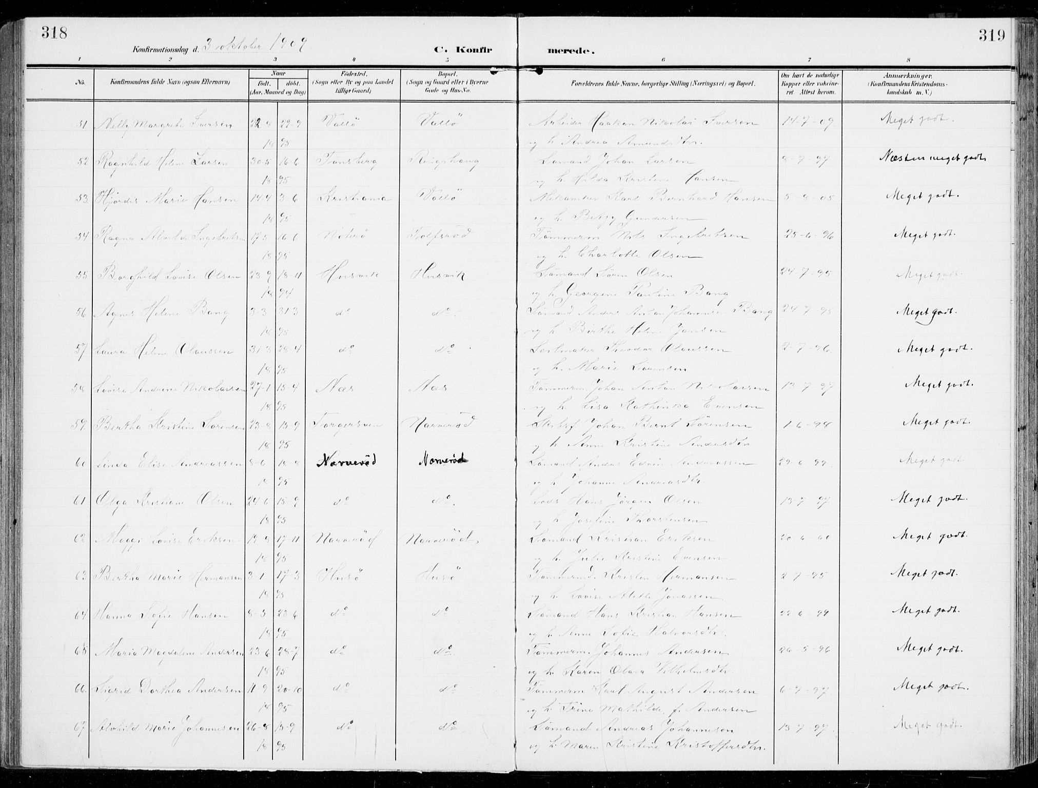 Sem kirkebøker, AV/SAKO-A-5/F/Fb/L0006: Ministerialbok nr. II 6, 1905-1918, s. 318-319