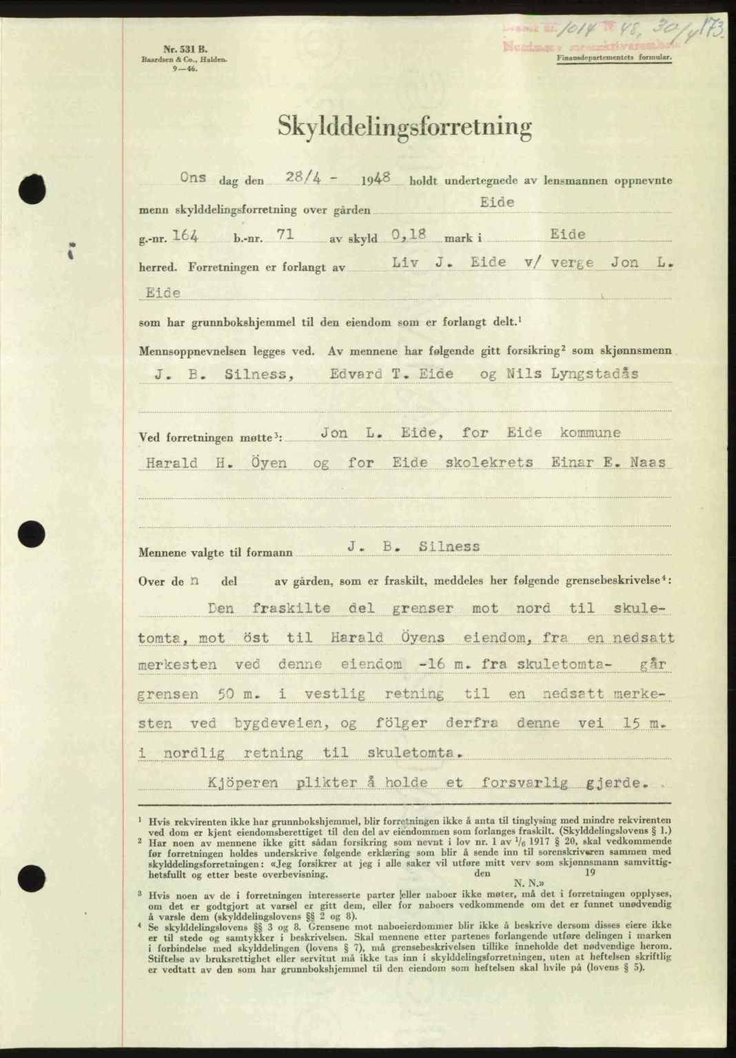 Nordmøre sorenskriveri, SAT/A-4132/1/2/2Ca: Pantebok nr. A108, 1948-1948, Dagboknr: 1014/1948