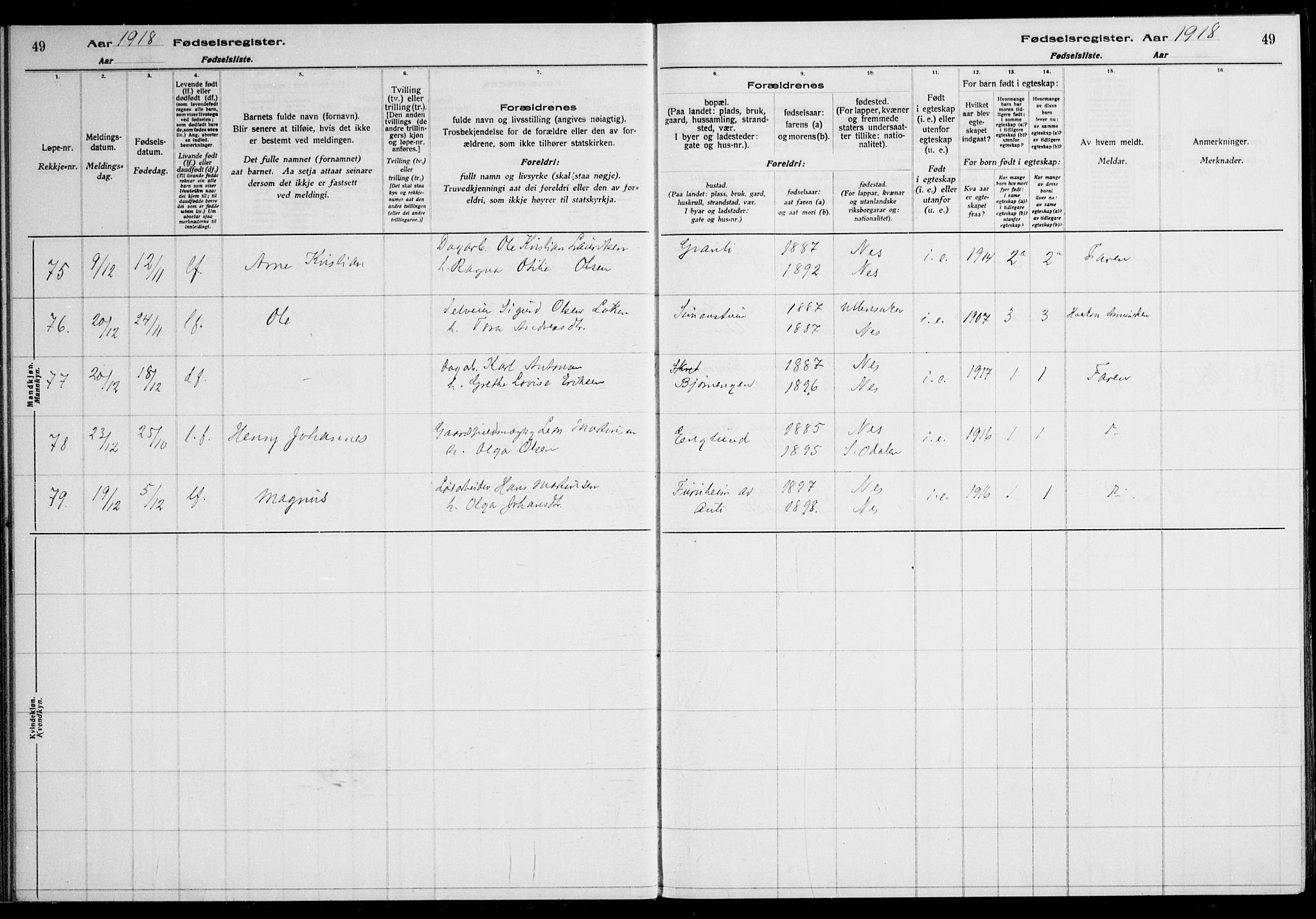 Nes prestekontor Kirkebøker, AV/SAO-A-10410/J/Ja/L0001: Fødselsregister nr. 1, 1916-1926, s. 49