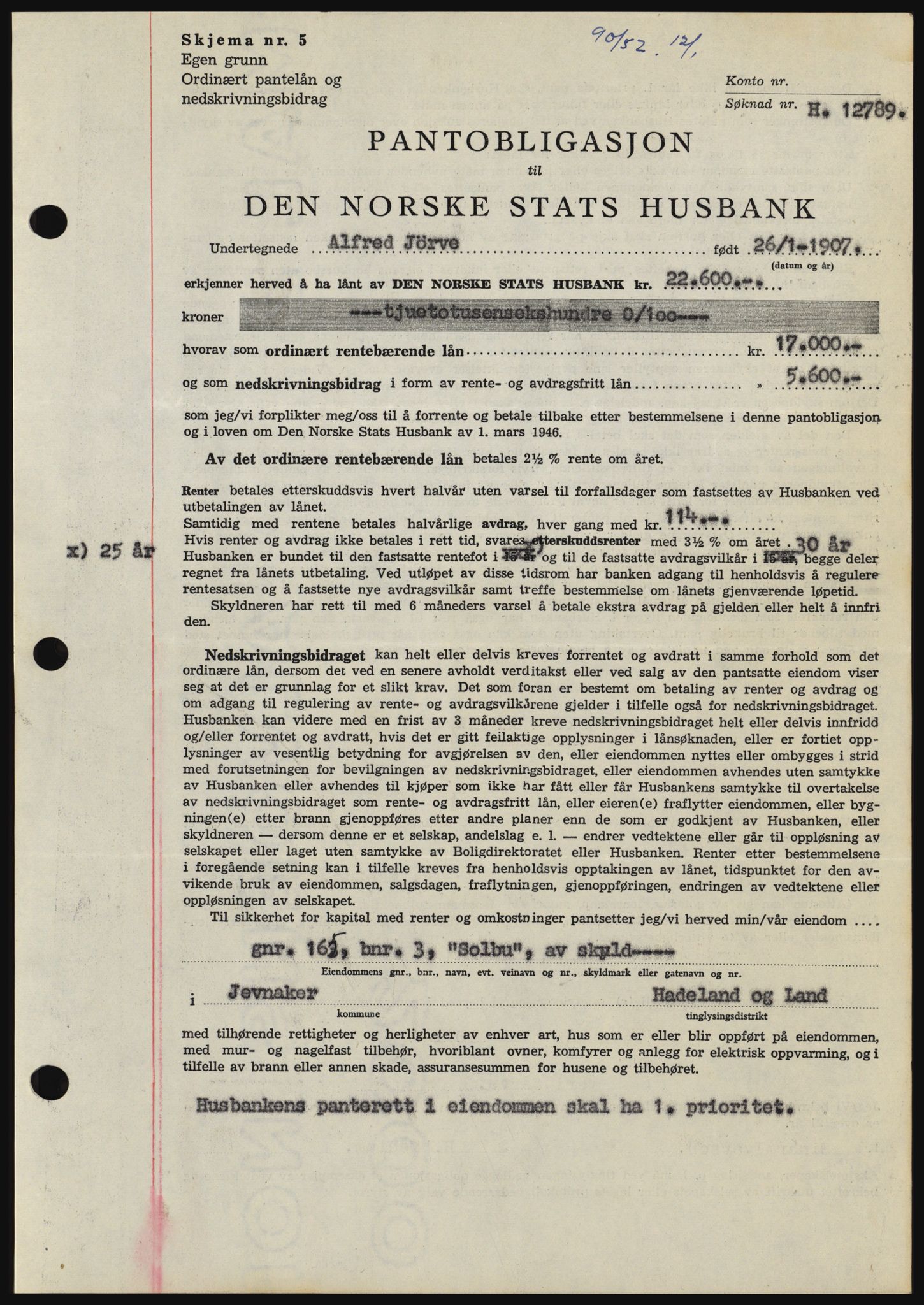 Hadeland og Land tingrett, SAH/TING-010/H/Hb/Hbc/L0023: Pantebok nr. B23, 1952-1952, Dagboknr: 90/1952