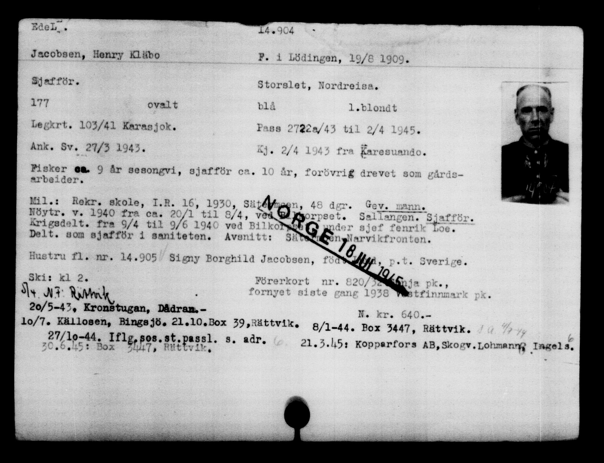 Den Kgl. Norske Legasjons Flyktningskontor, AV/RA-S-6753/V/Va/L0007: Kjesäterkartoteket.  Flyktningenr. 12700-15723, 1940-1945, s. 2539